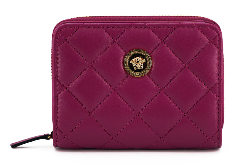 Elegante cartera de piel acolchada morada de Versace