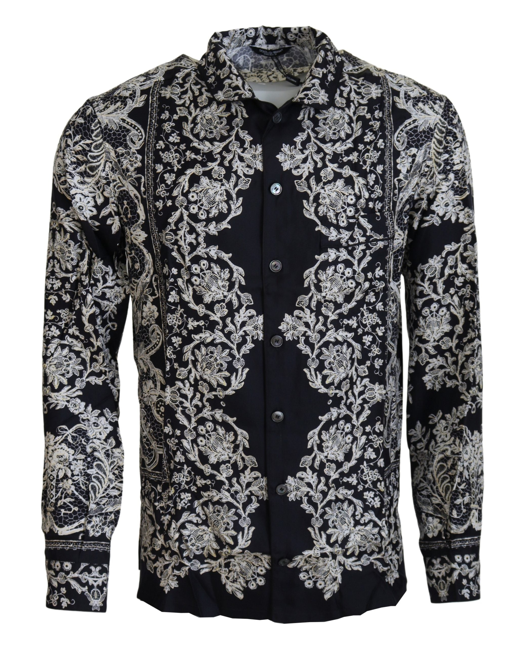 Camisa informal de satén barroco con estampado floral de seda azul de Dolce &amp; Gabbana