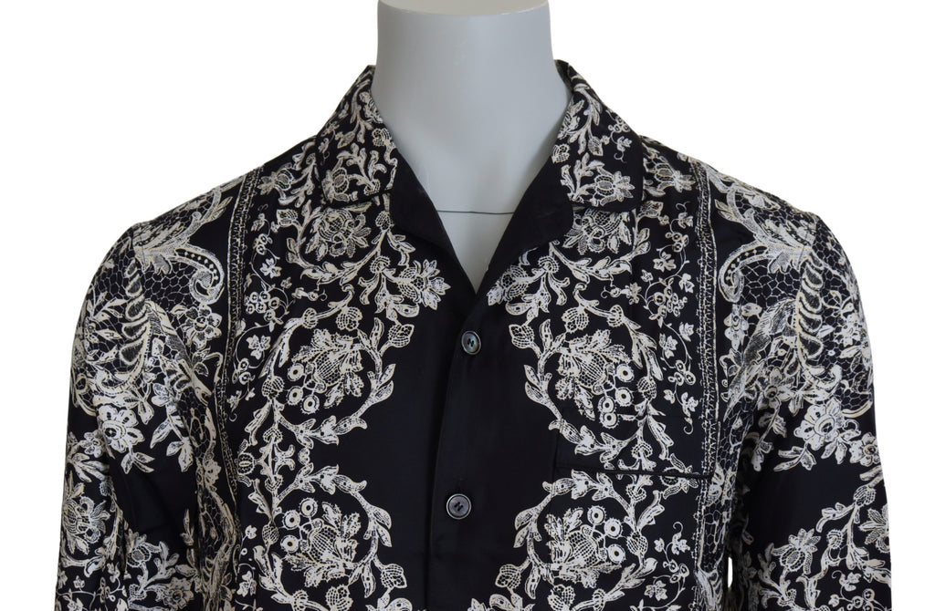 Camisa informal de satén barroco con estampado floral de seda azul de Dolce &amp; Gabbana