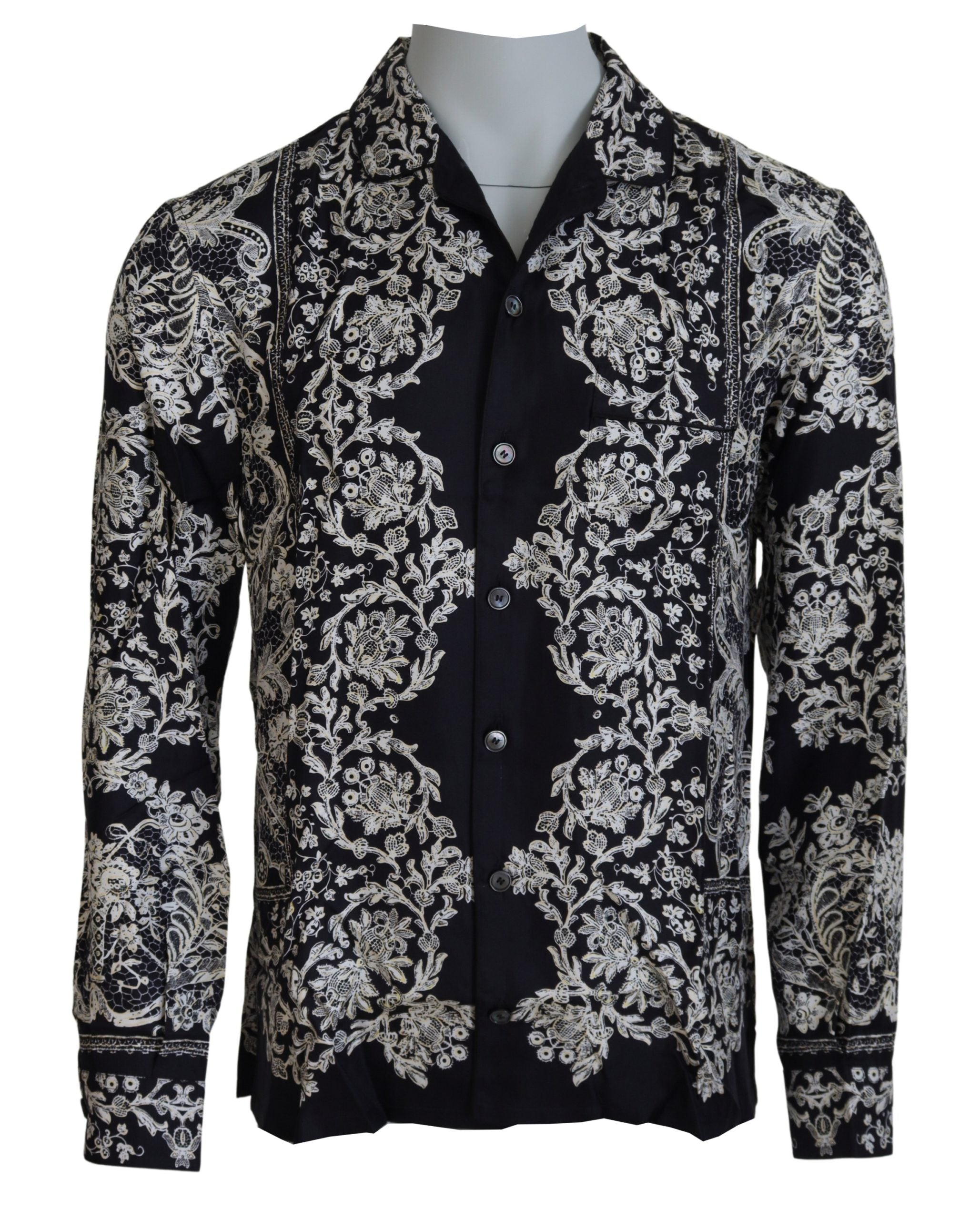 Camisa informal de satén barroco con estampado floral de seda azul de Dolce &amp; Gabbana