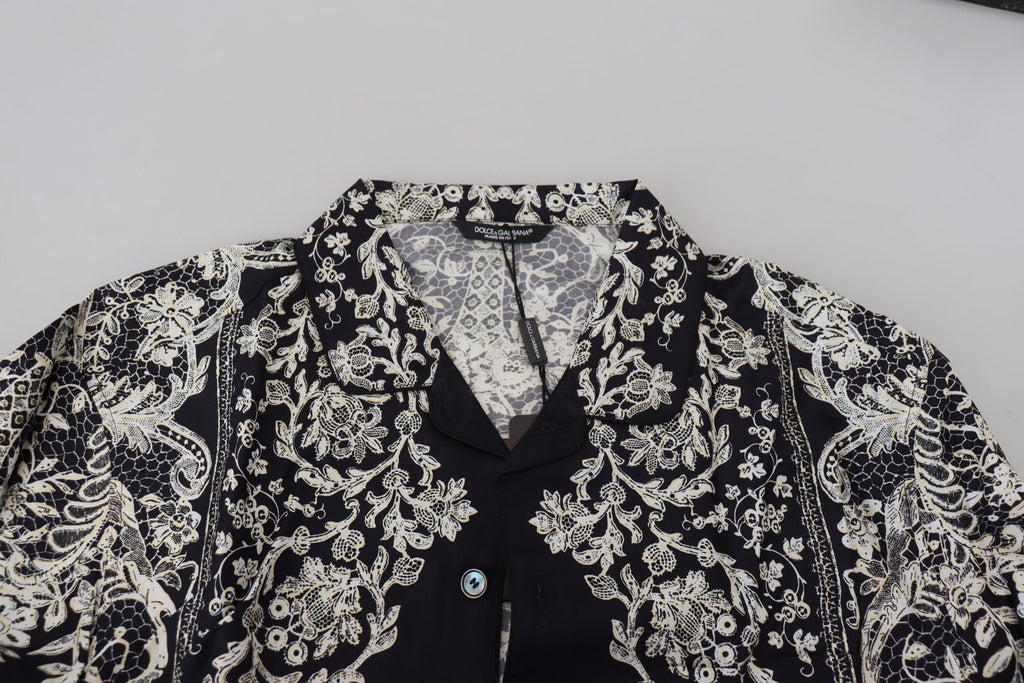 Camisa informal de satén barroco con estampado floral de seda azul de Dolce &amp; Gabbana