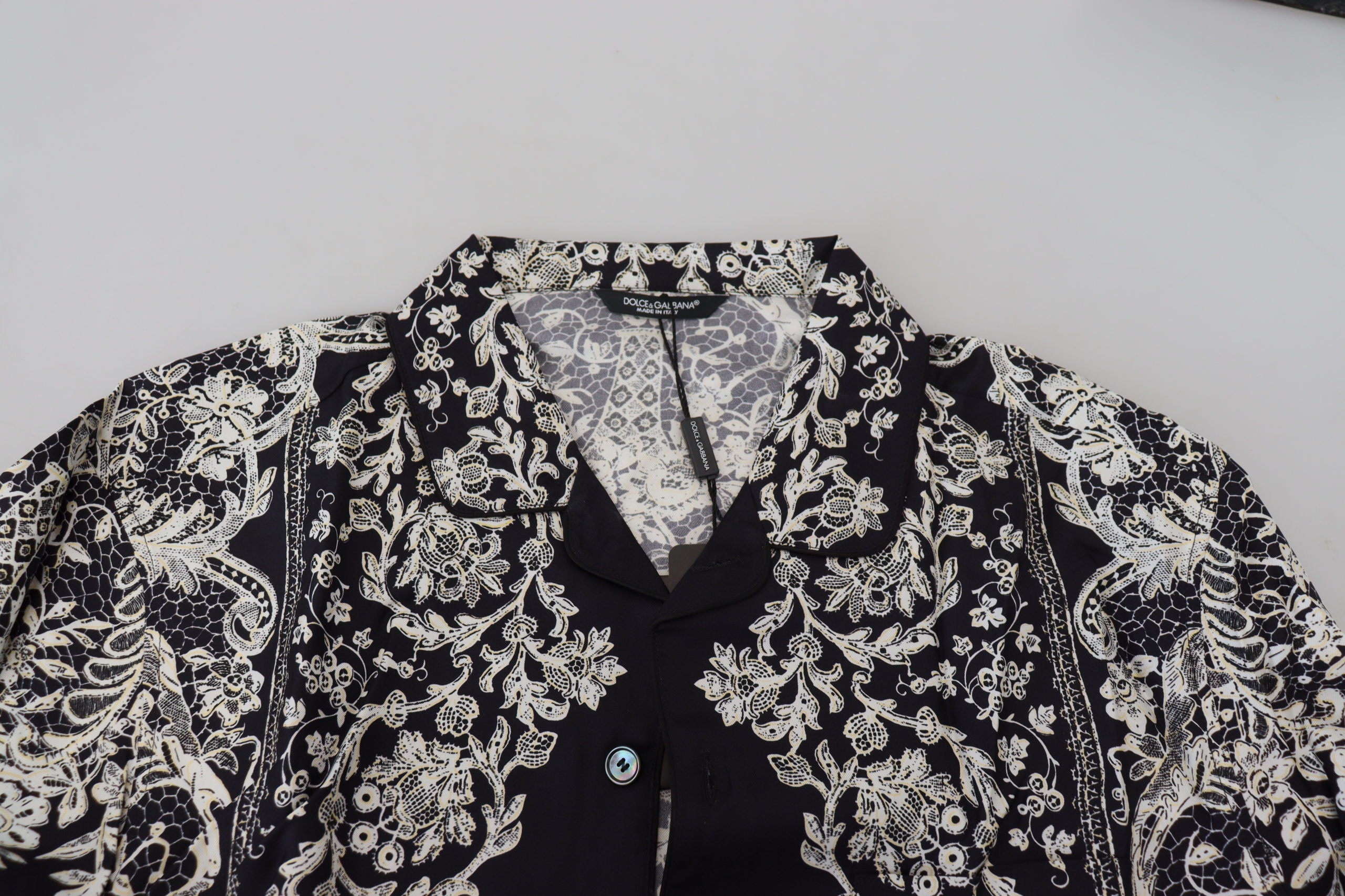 Camisa informal de satén barroco con estampado floral de seda azul de Dolce &amp; Gabbana