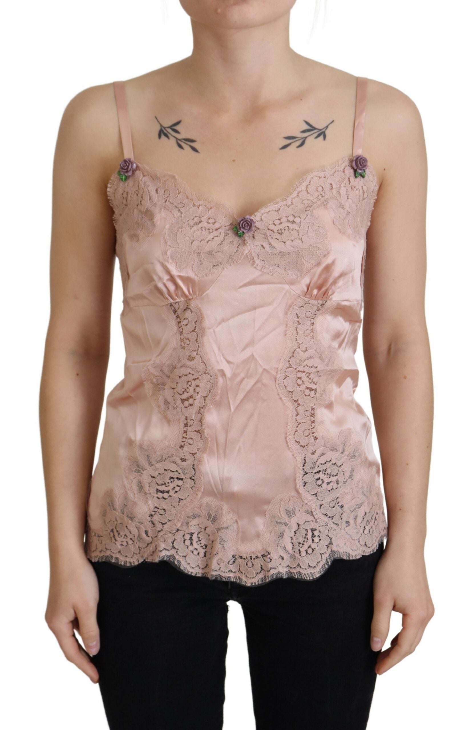 Dolce &amp; Gabbana Top de tirantes con rosas de encaje de satén rosa Lencería