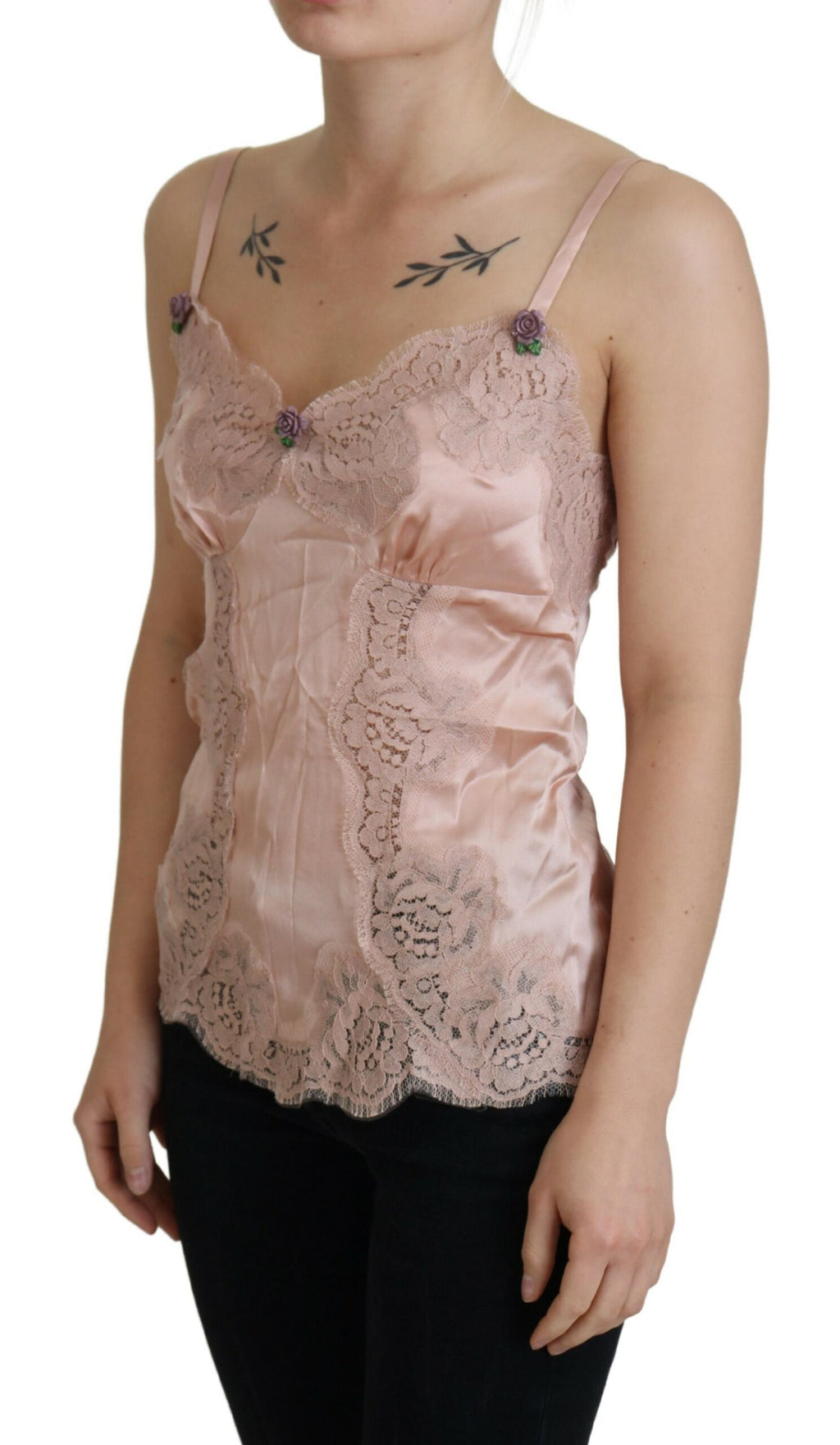 Dolce &amp; Gabbana Top de tirantes con rosas de encaje de satén rosa Lencería
