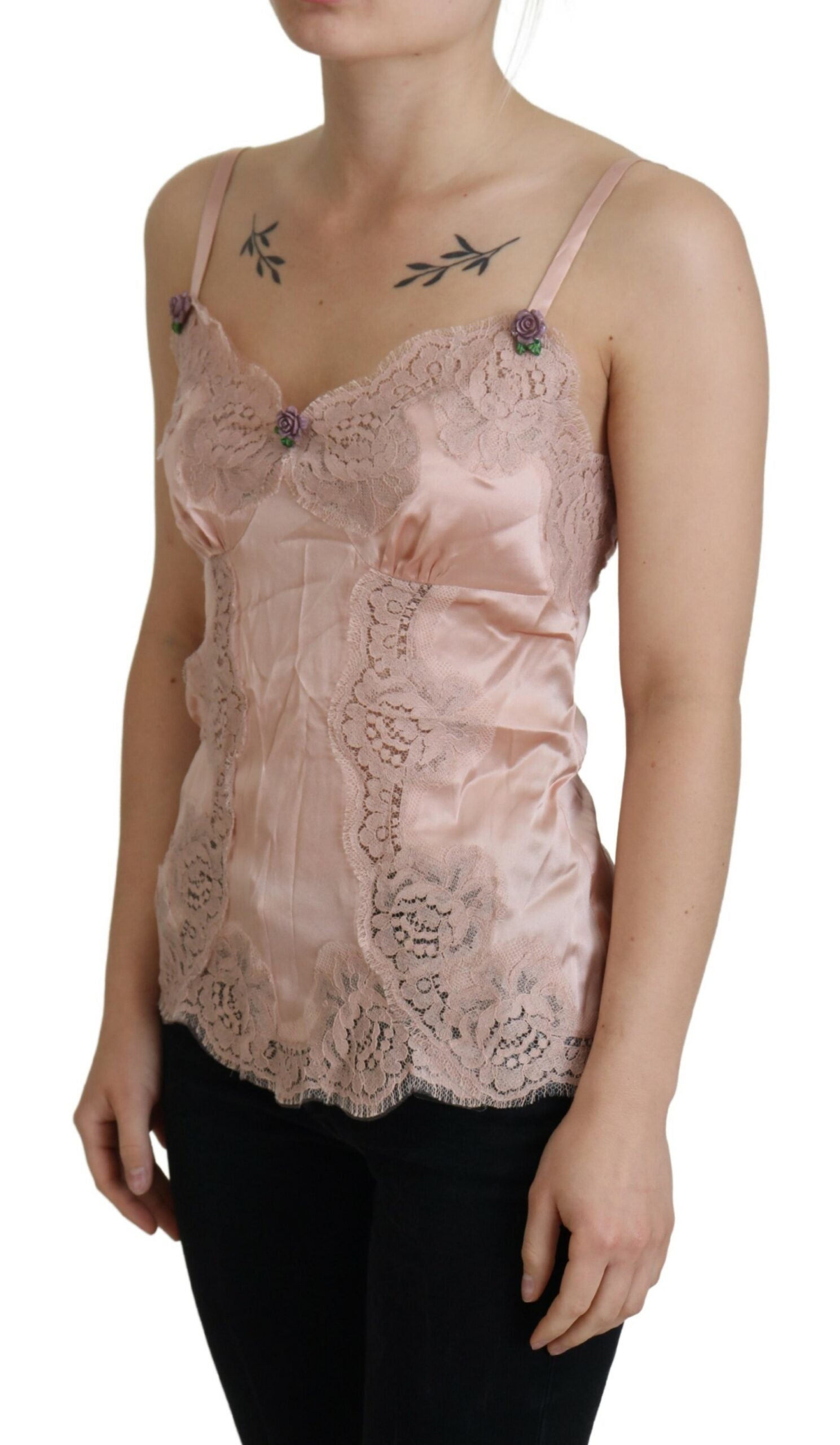 Dolce &amp; Gabbana Top de tirantes con rosas de encaje de satén rosa Lencería