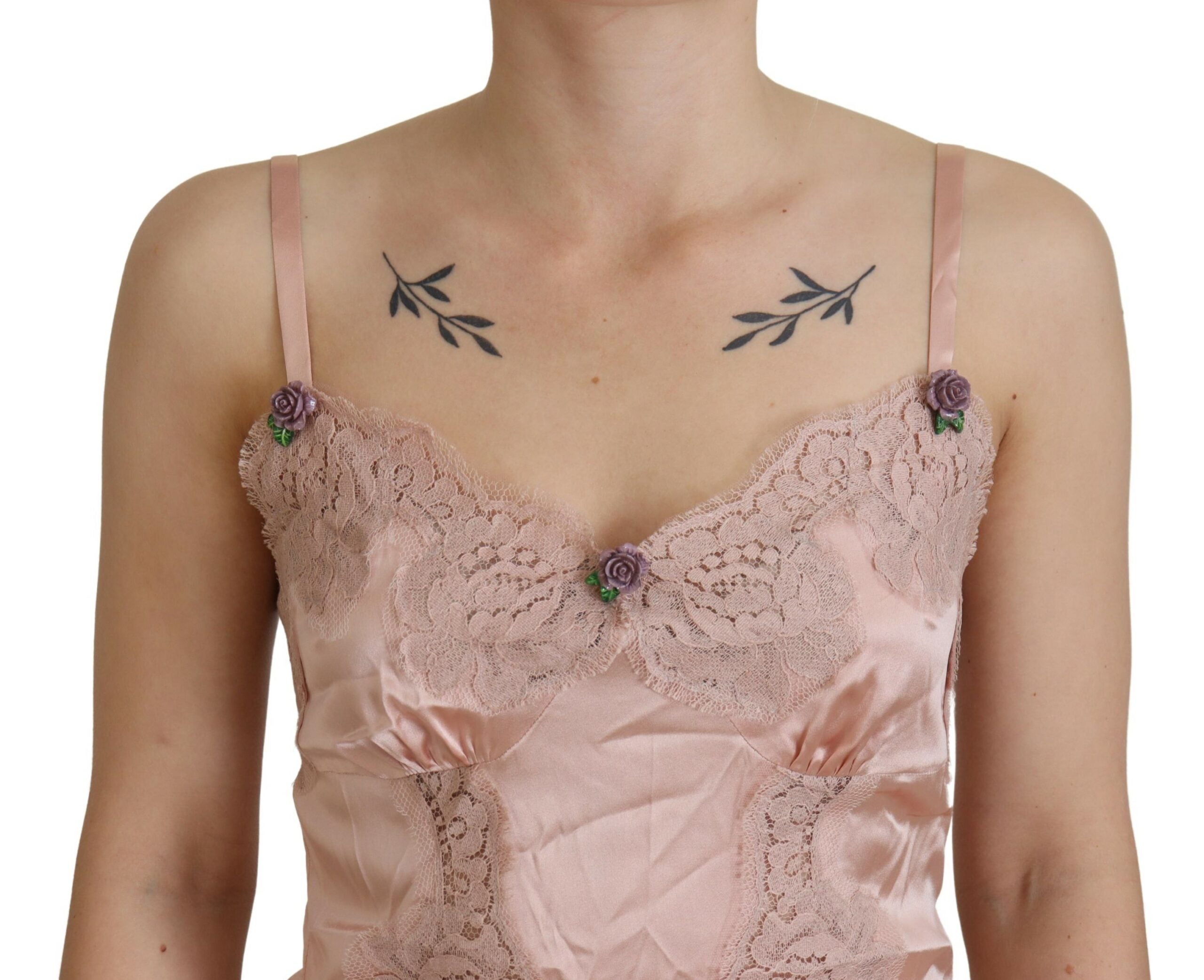 Dolce &amp; Gabbana Top de tirantes con rosas de encaje de satén rosa Lencería