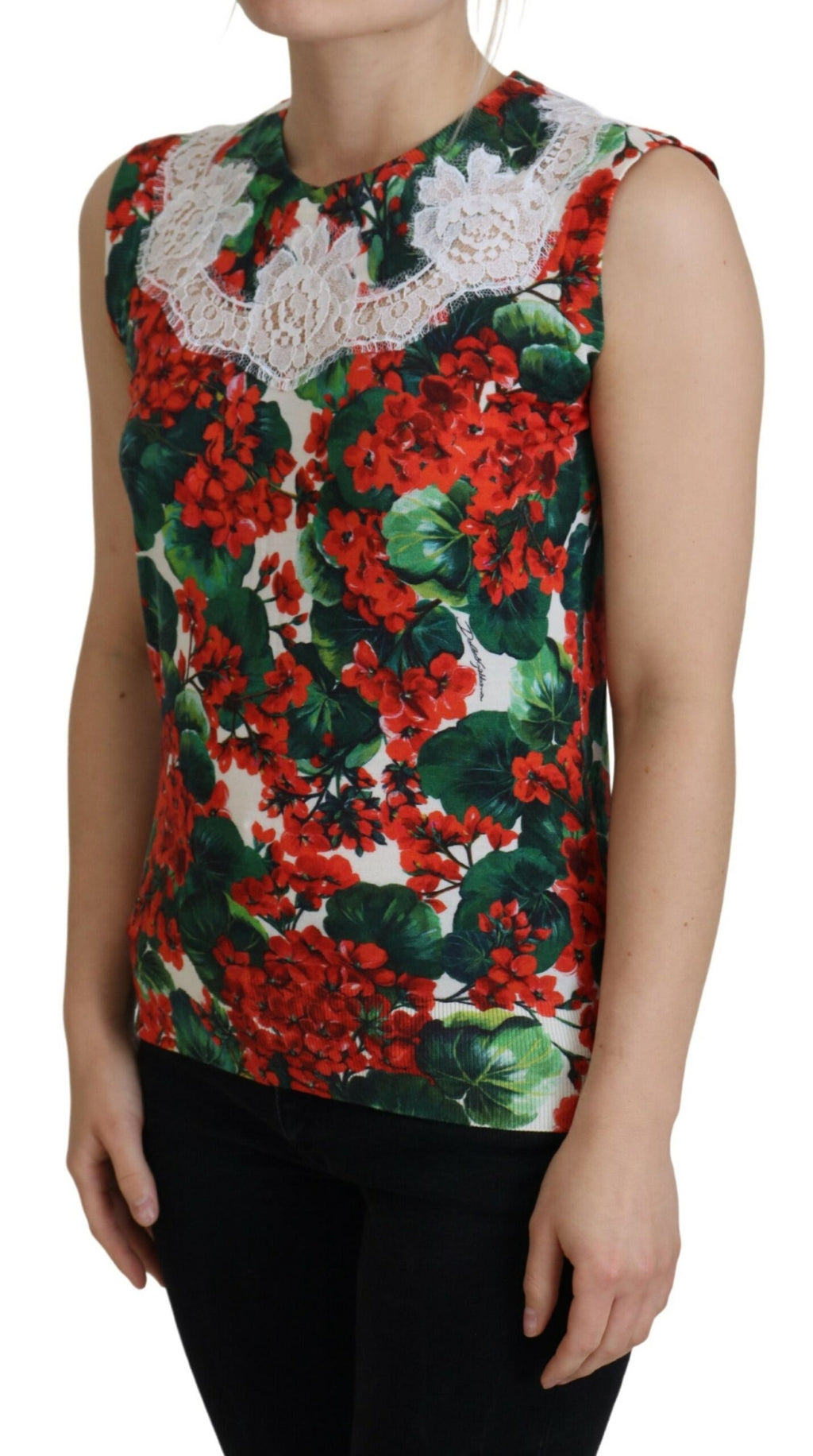 Camiseta sin mangas de lana con encaje floral blanco de Dolce &amp; Gabbana