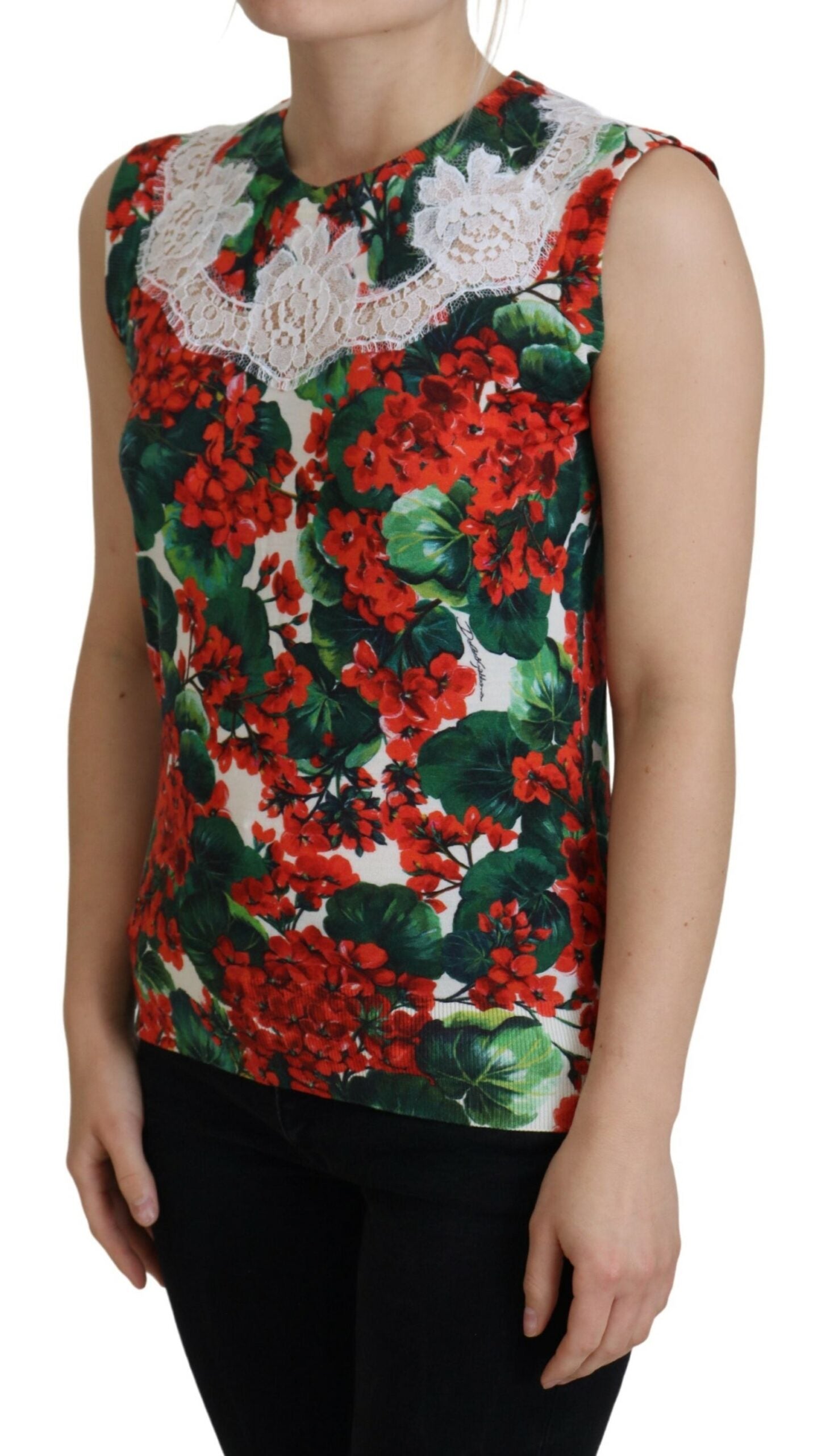 Camiseta sin mangas de lana con encaje floral blanco de Dolce &amp; Gabbana