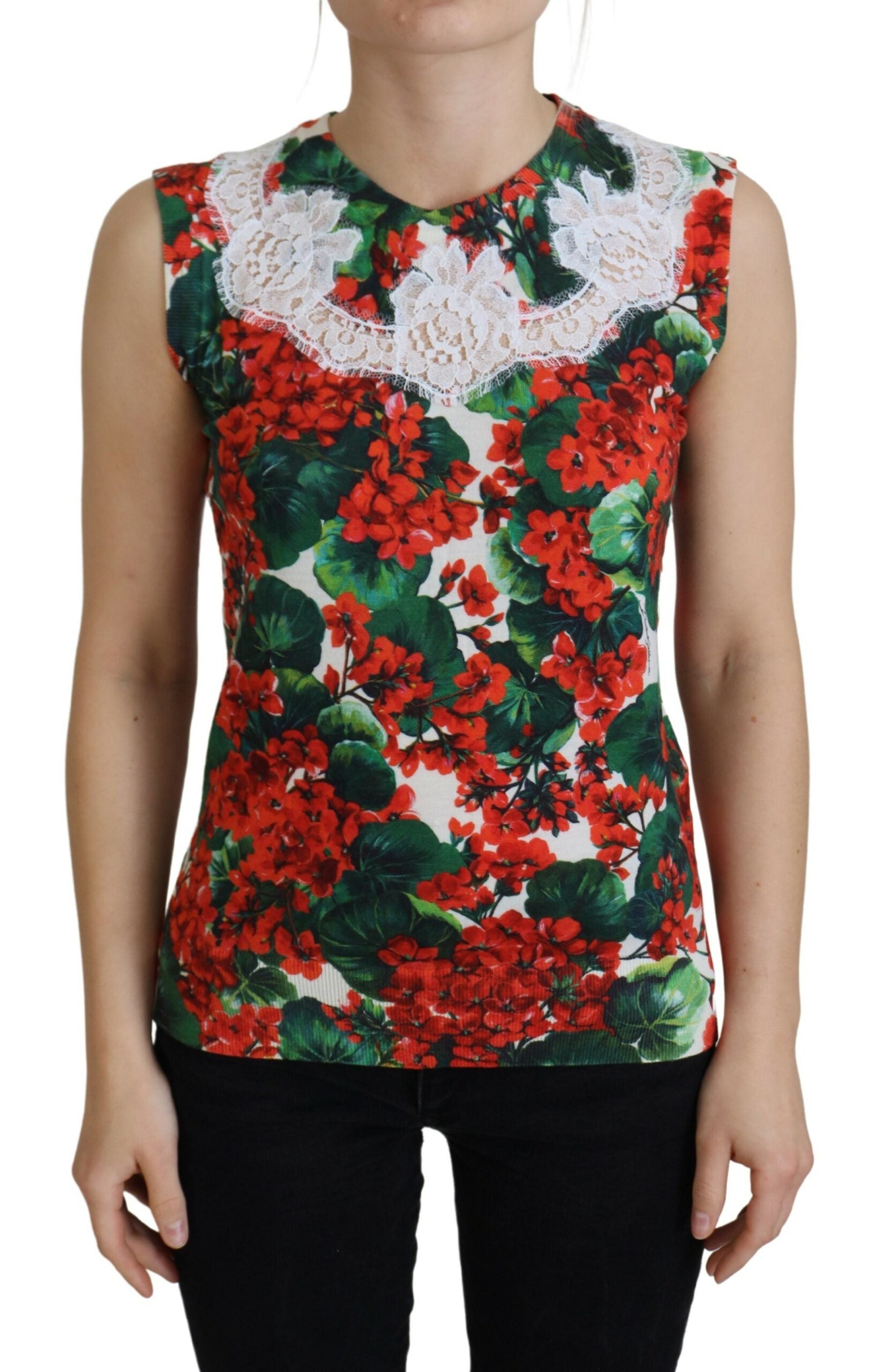 Camiseta sin mangas de lana con encaje floral blanco de Dolce &amp; Gabbana