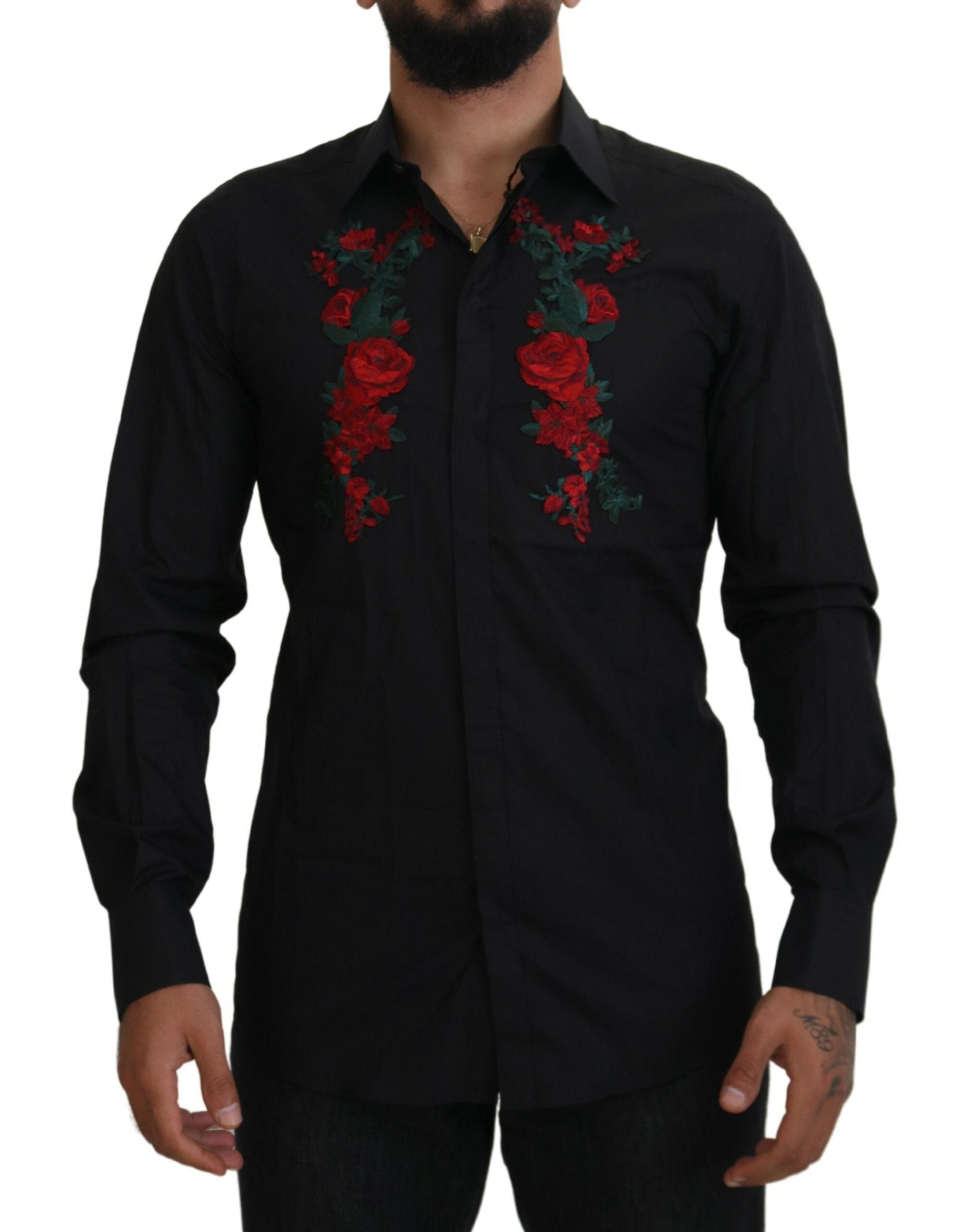 Camisa Dolce &amp; Gabbana de manga larga con bordado floral negro para hombre, color dorado