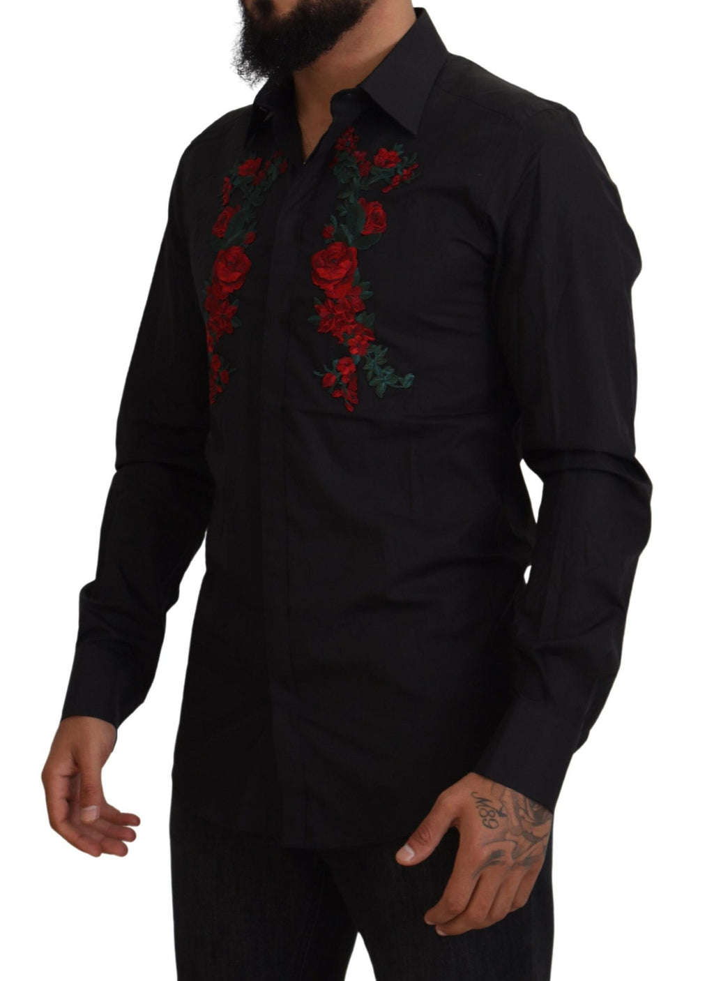 Camisa Dolce &amp; Gabbana de manga larga con bordado floral negro para hombre, color dorado