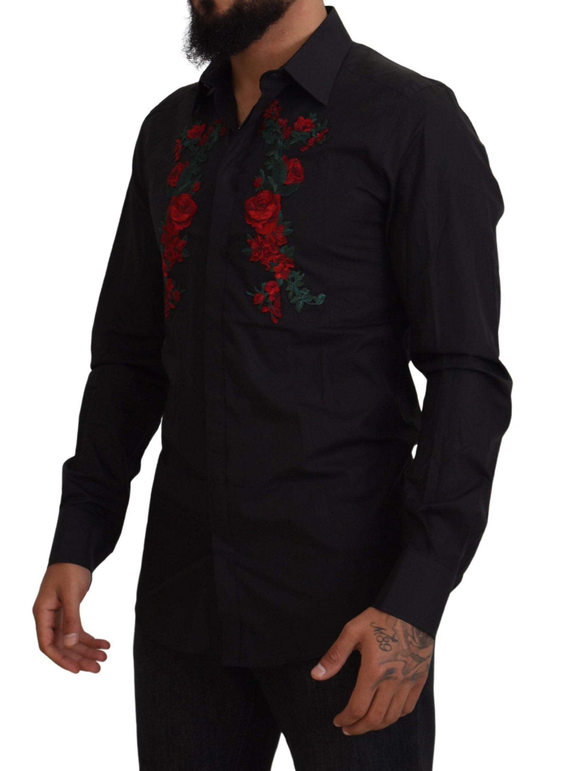 Camisa Dolce &amp; Gabbana de manga larga con bordado floral negro para hombre, color dorado