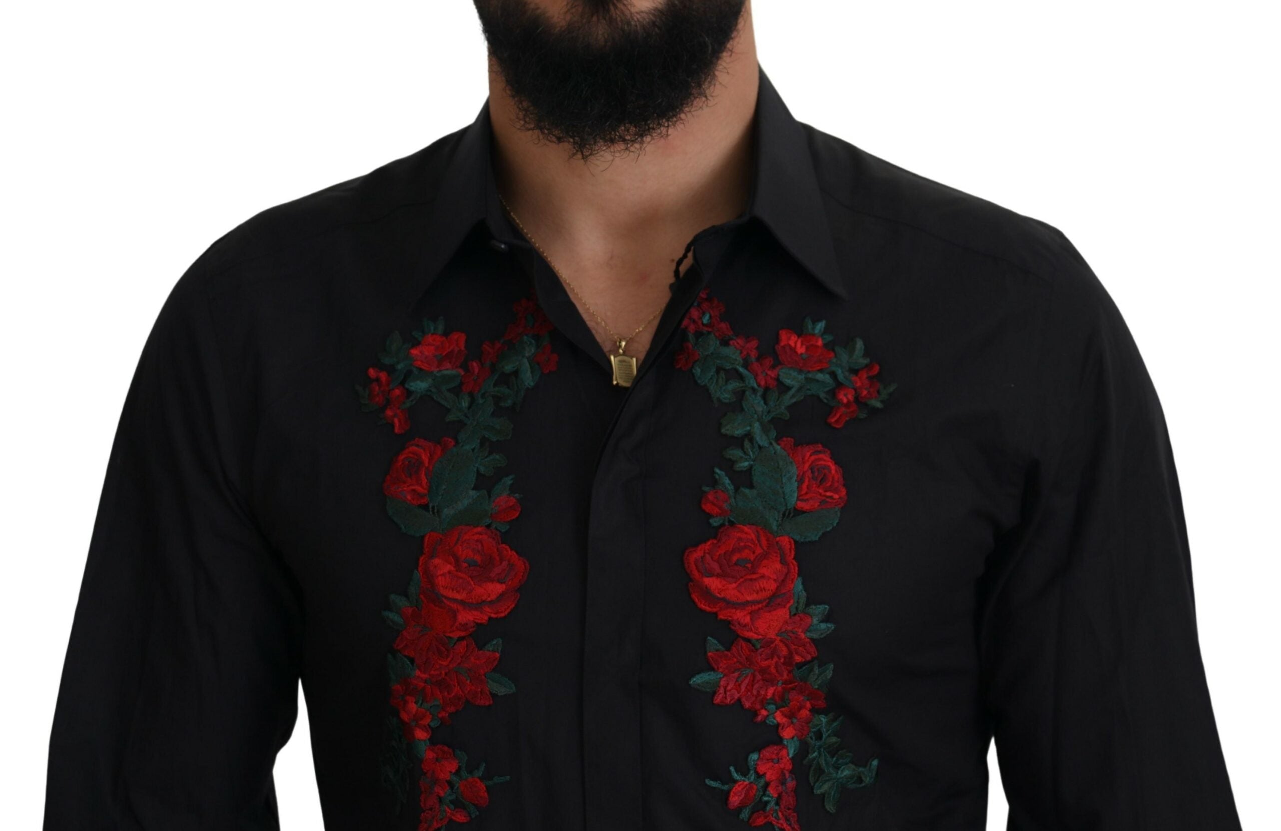Camisa Dolce &amp; Gabbana de manga larga con bordado floral negro para hombre, color dorado