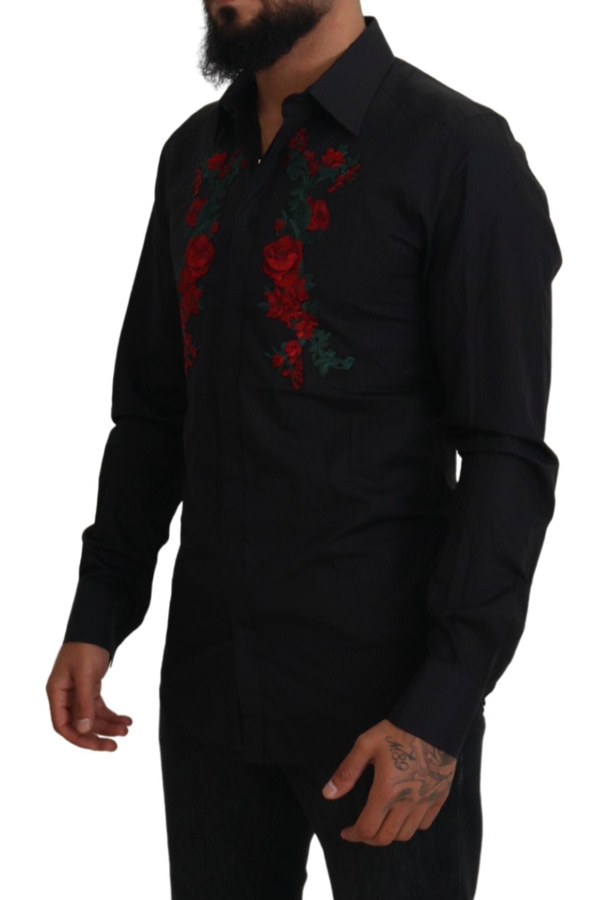 Camisa Dolce &amp; Gabbana de manga larga con bordado floral negro para hombre, color dorado