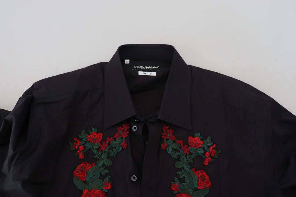 Camisa Dolce &amp; Gabbana de manga larga con bordado floral negro para hombre, color dorado