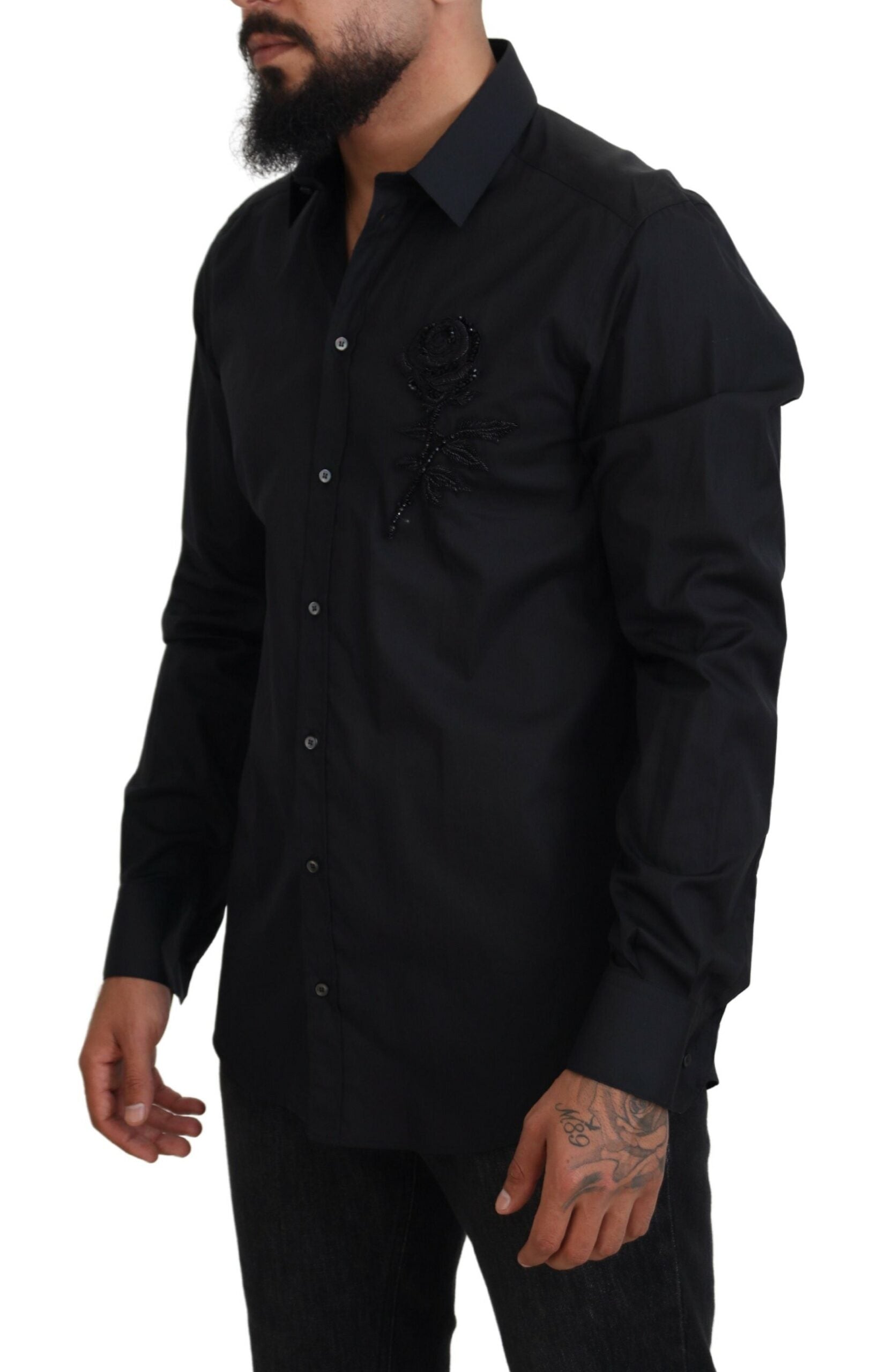 Camisa de algodón de corte entallado con rosas negras de Dolce &amp; Gabbana