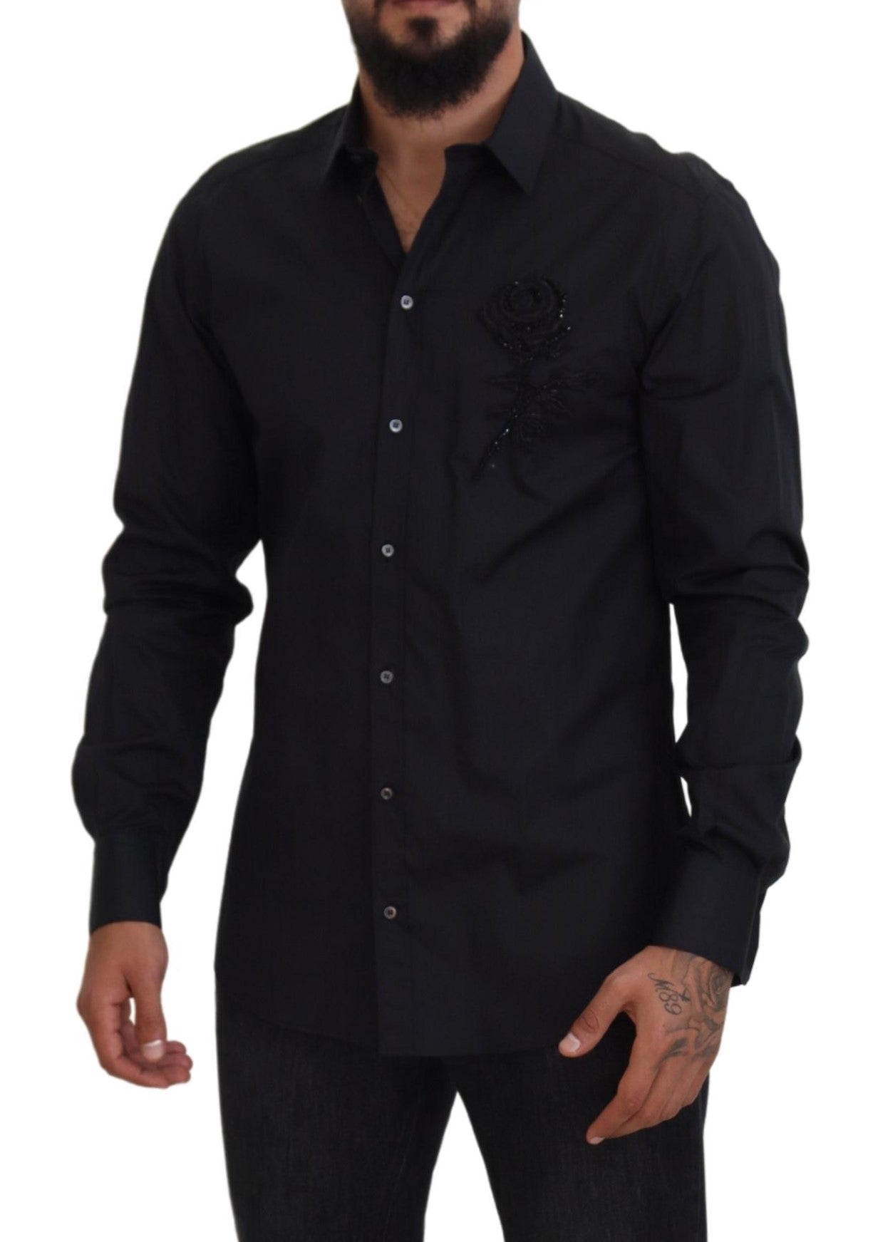 Camisa de algodón de corte entallado con rosas negras de Dolce &amp; Gabbana