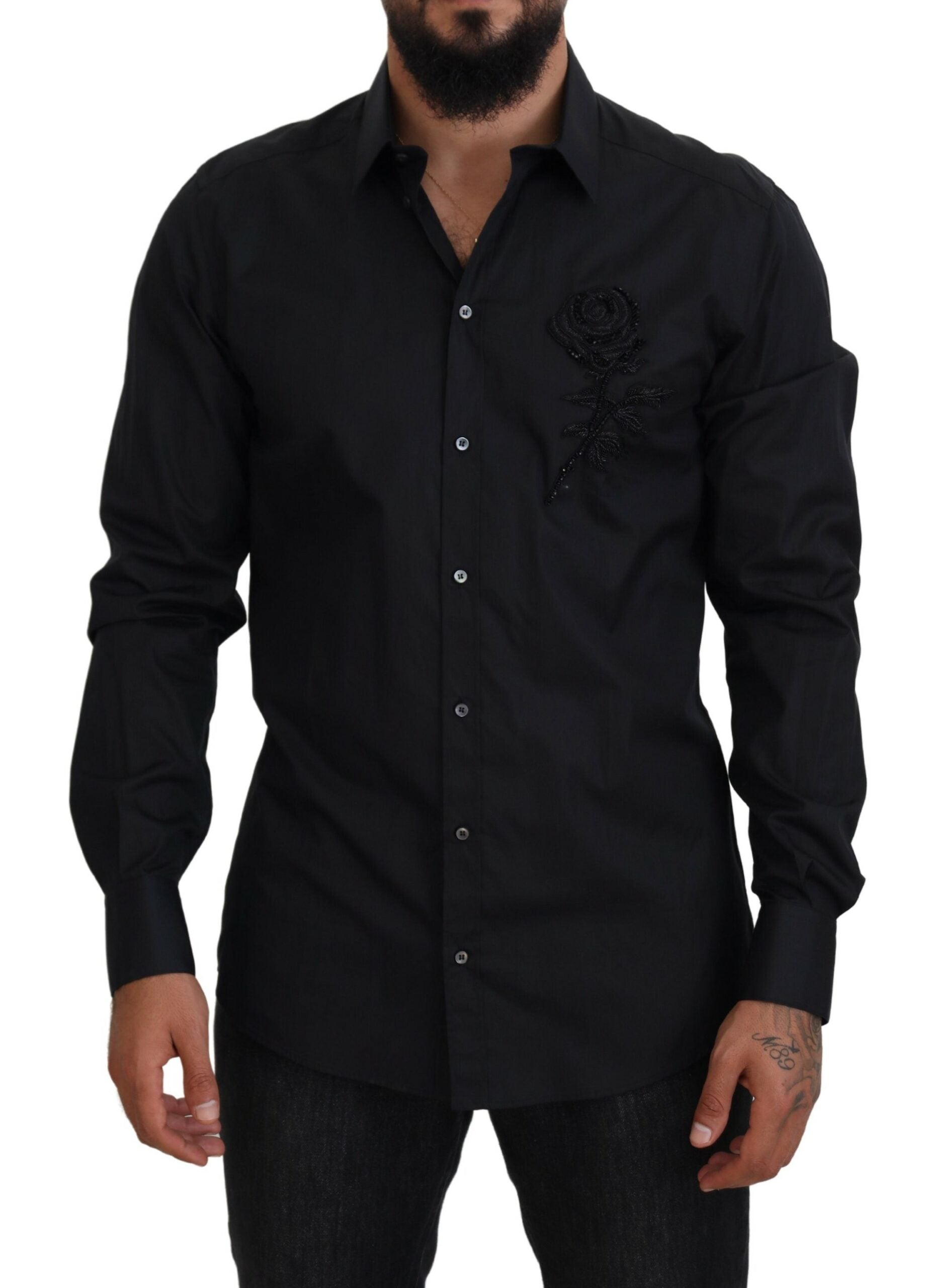 Camisa de algodón de corte entallado con rosas negras de Dolce &amp; Gabbana
