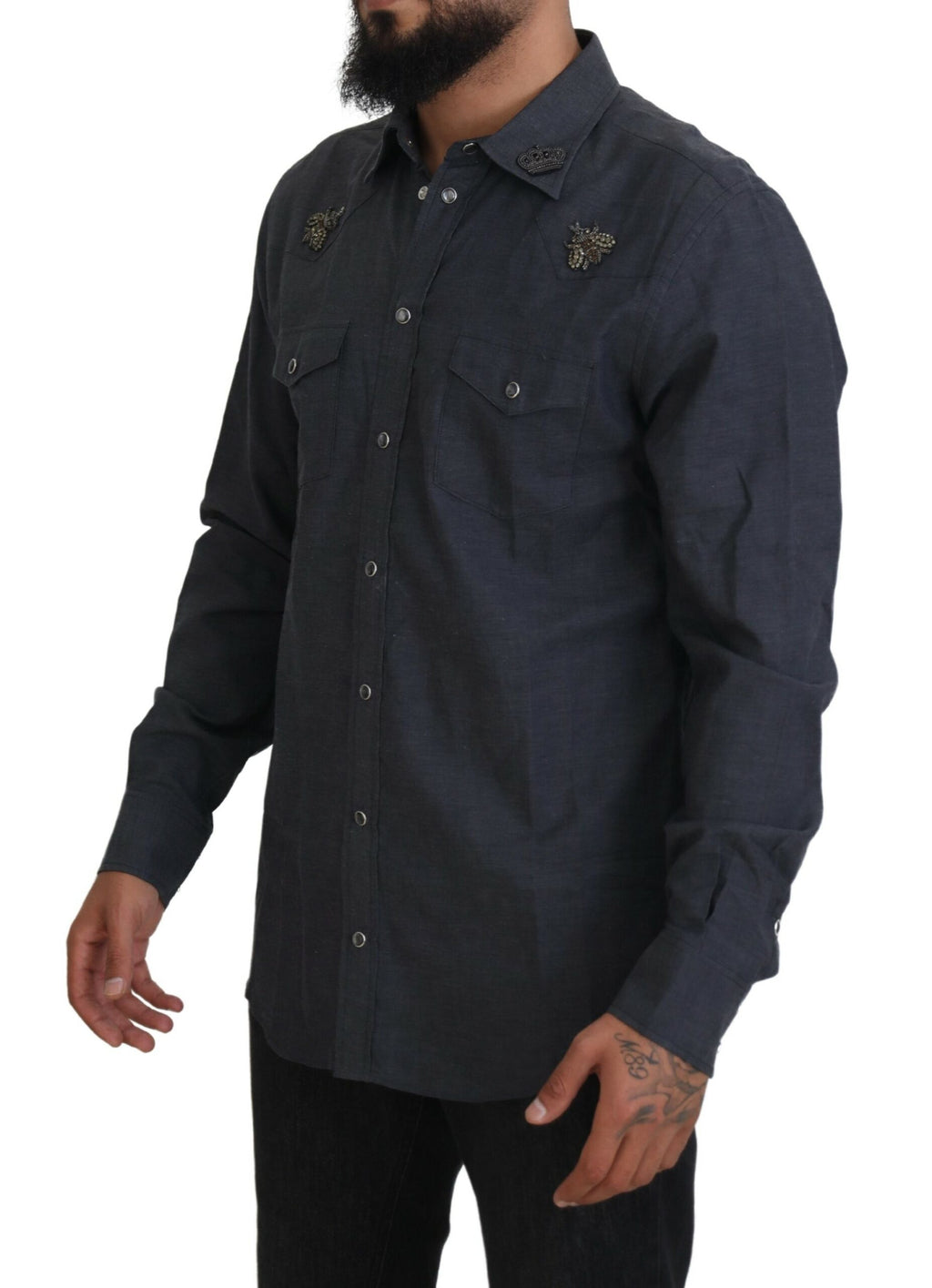 Camisa vaquera de algodón azul con abeja de cristal de Dolce &amp; Gabbana