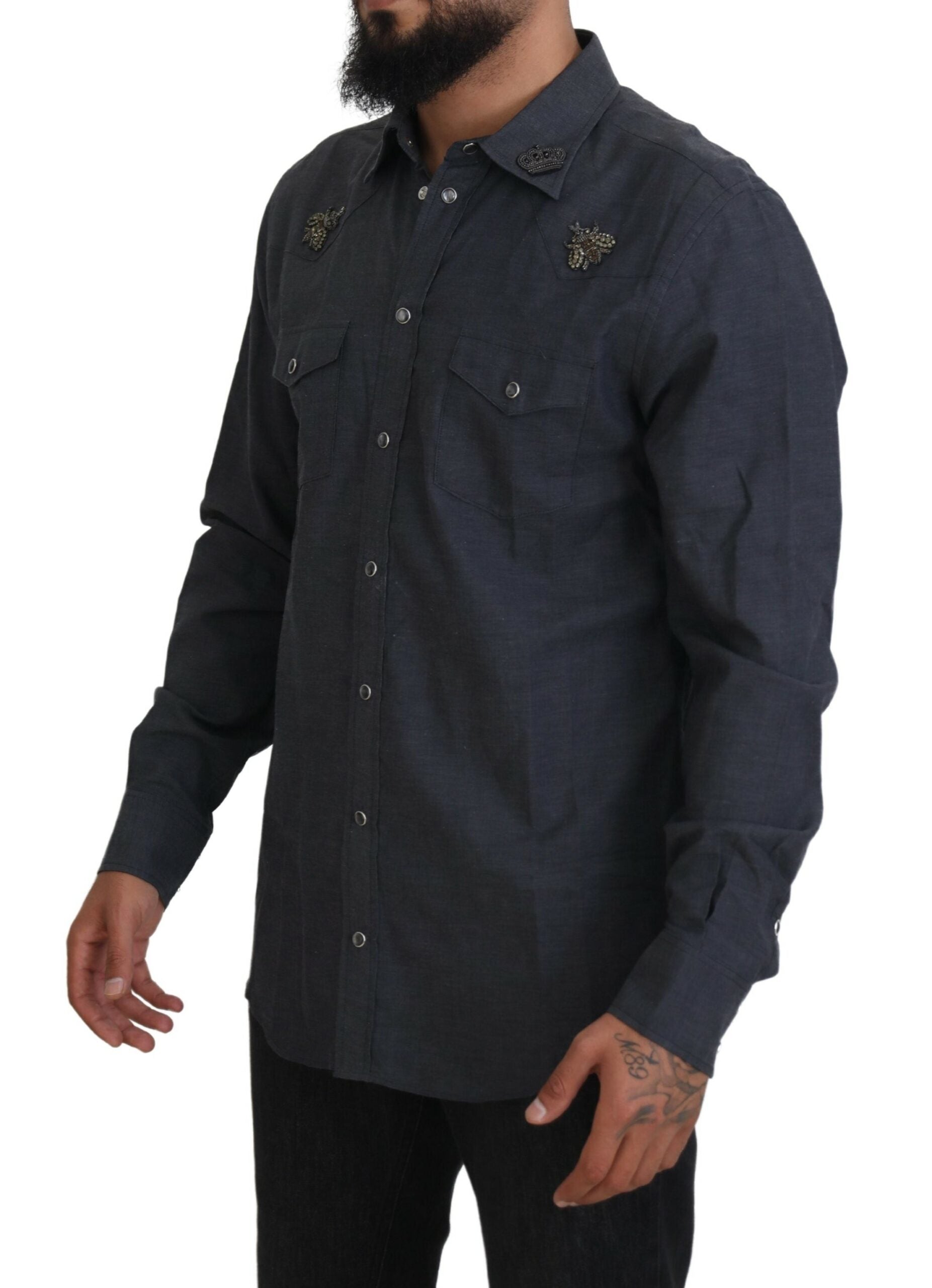 Camisa vaquera de algodón azul con abeja de cristal de Dolce &amp; Gabbana