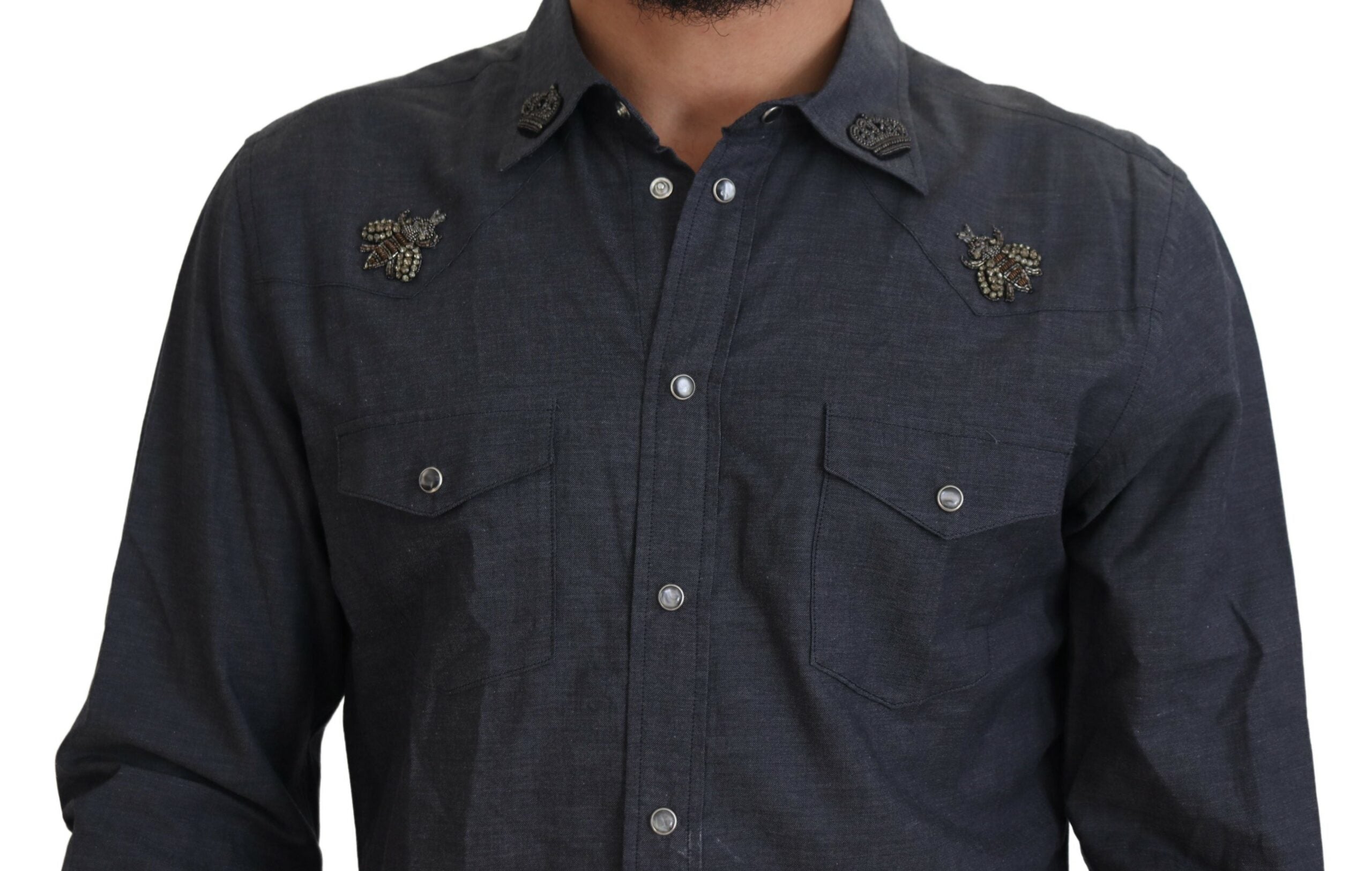 Camisa vaquera de algodón azul con abeja de cristal de Dolce &amp; Gabbana