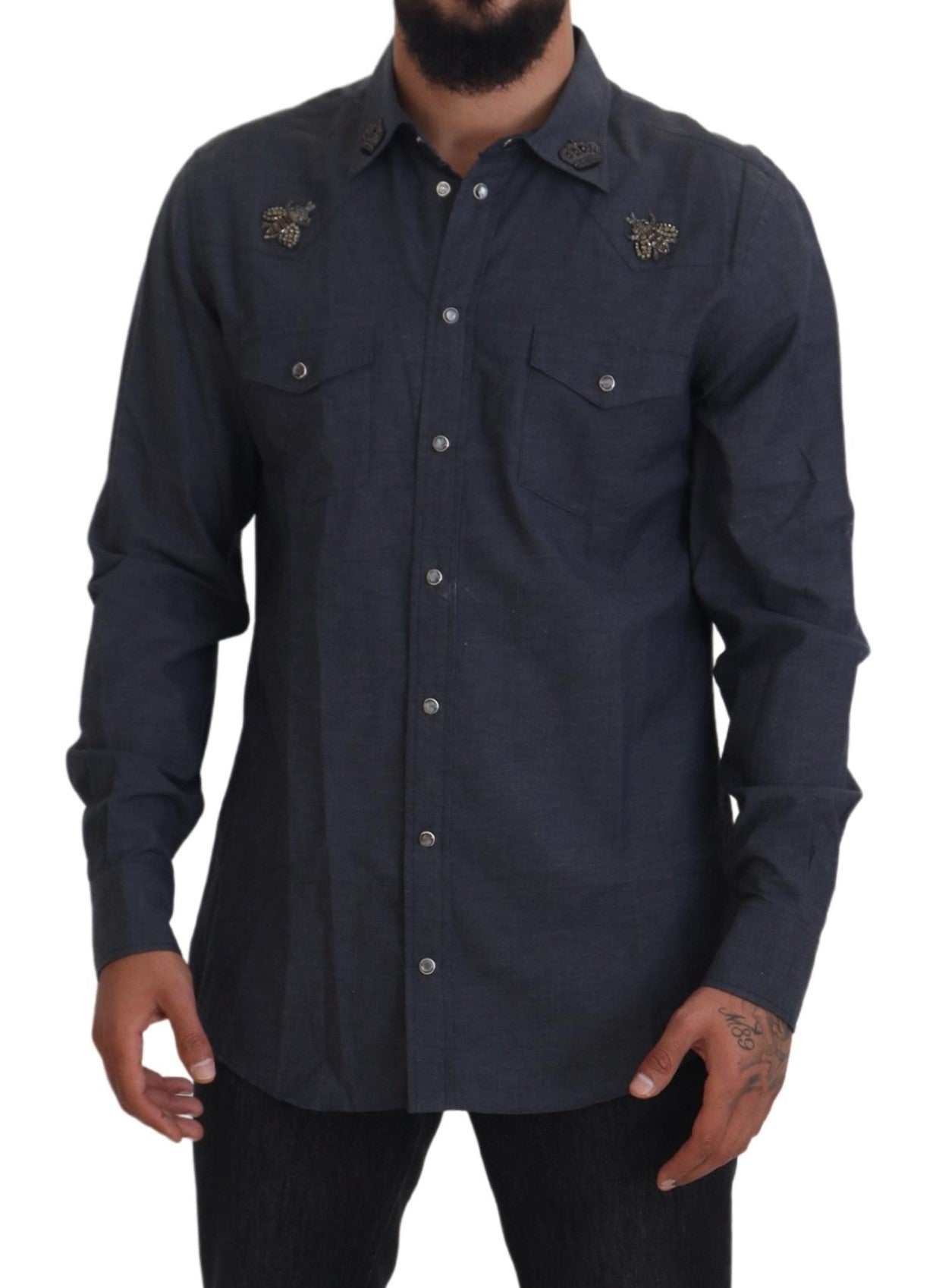 Camisa vaquera de algodón azul con abeja de cristal de Dolce &amp; Gabbana