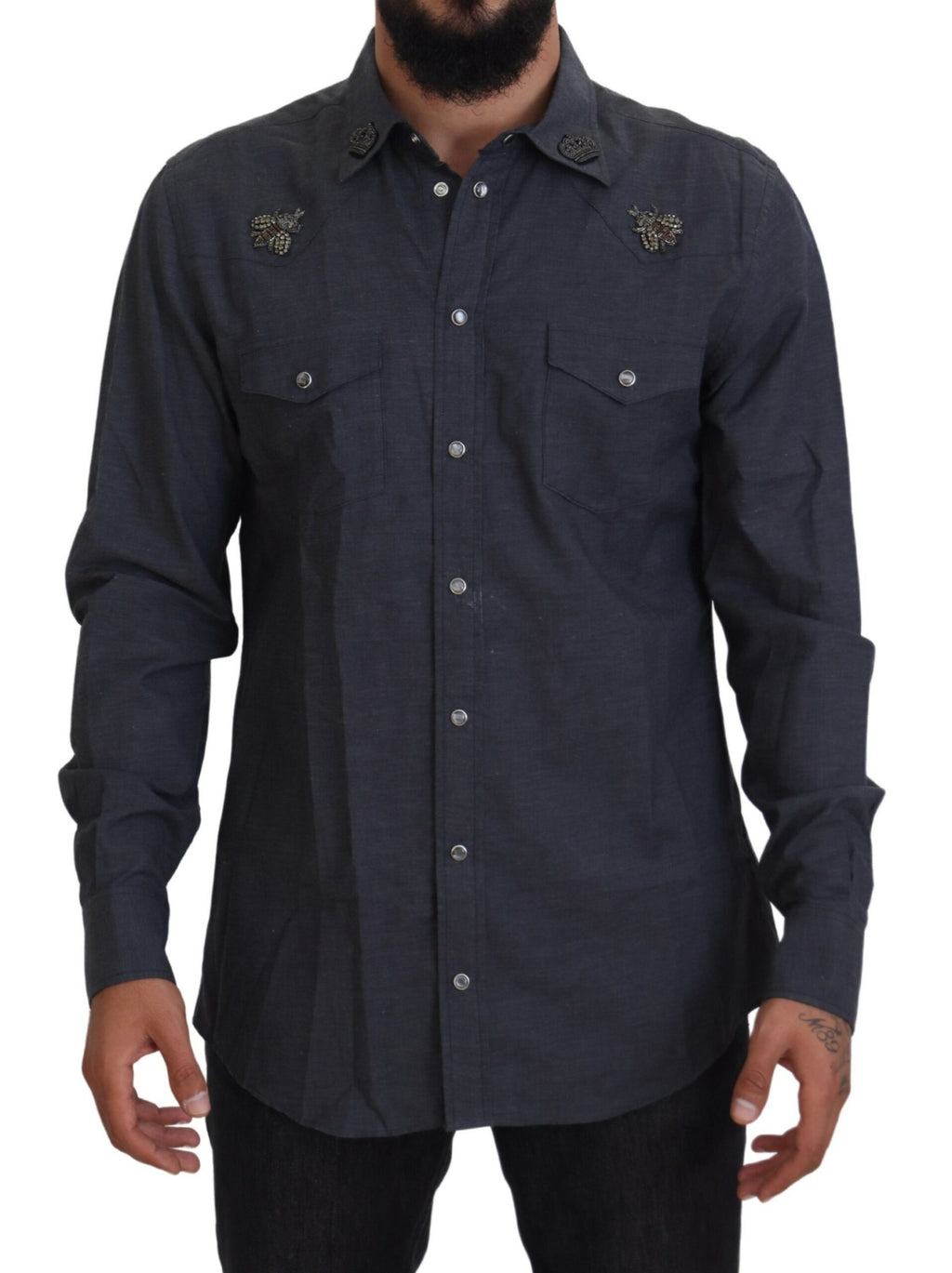Camisa vaquera de algodón azul con abeja de cristal de Dolce &amp; Gabbana