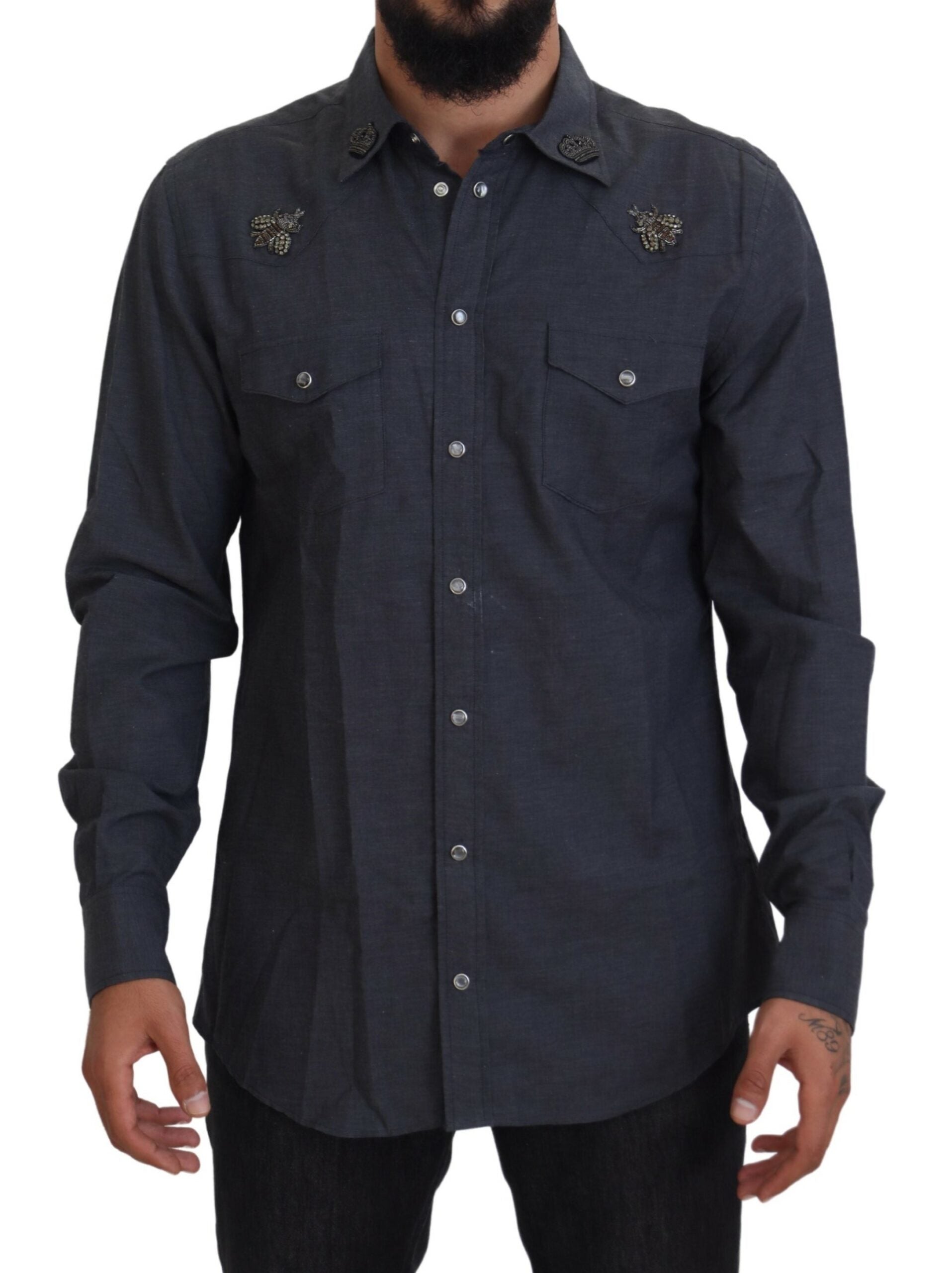 Camisa vaquera de algodón azul con abeja de cristal de Dolce &amp; Gabbana