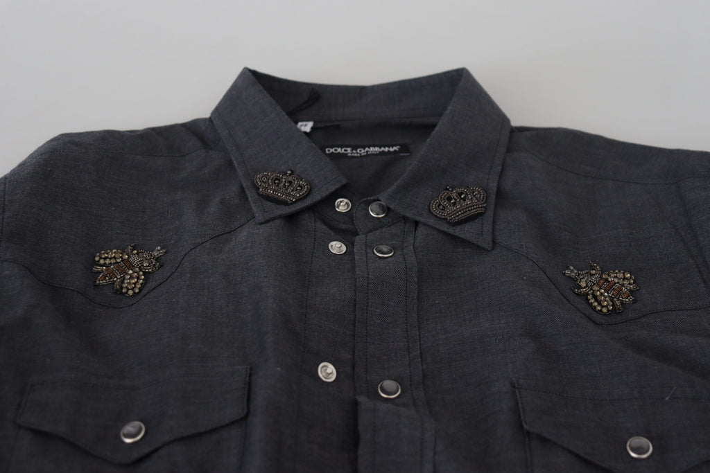 Camisa vaquera de algodón azul con abeja de cristal de Dolce &amp; Gabbana
