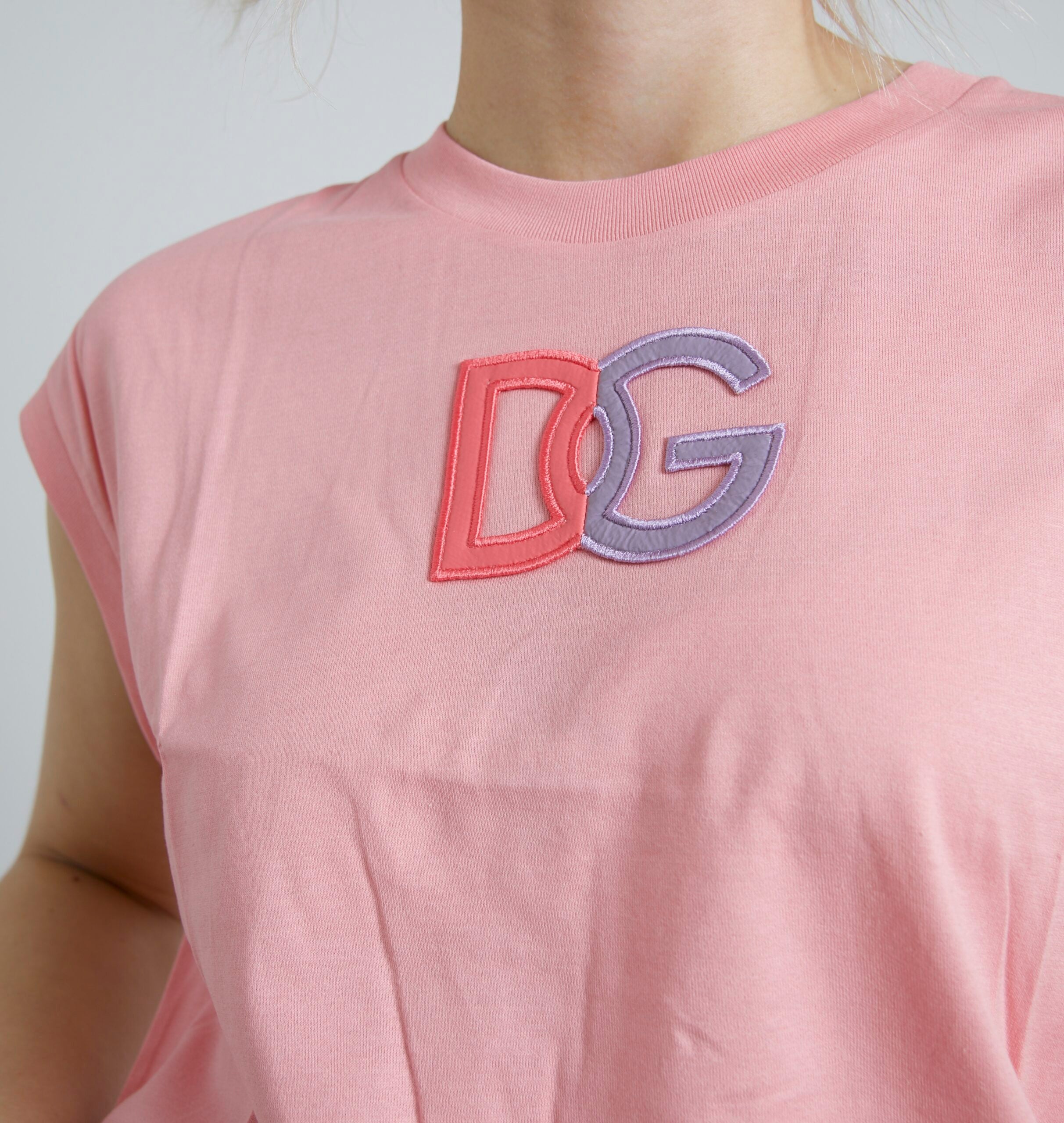 Camiseta sin mangas de algodón rosa con cuello redondo y logotipo DG de Dolce &amp; Gabbana