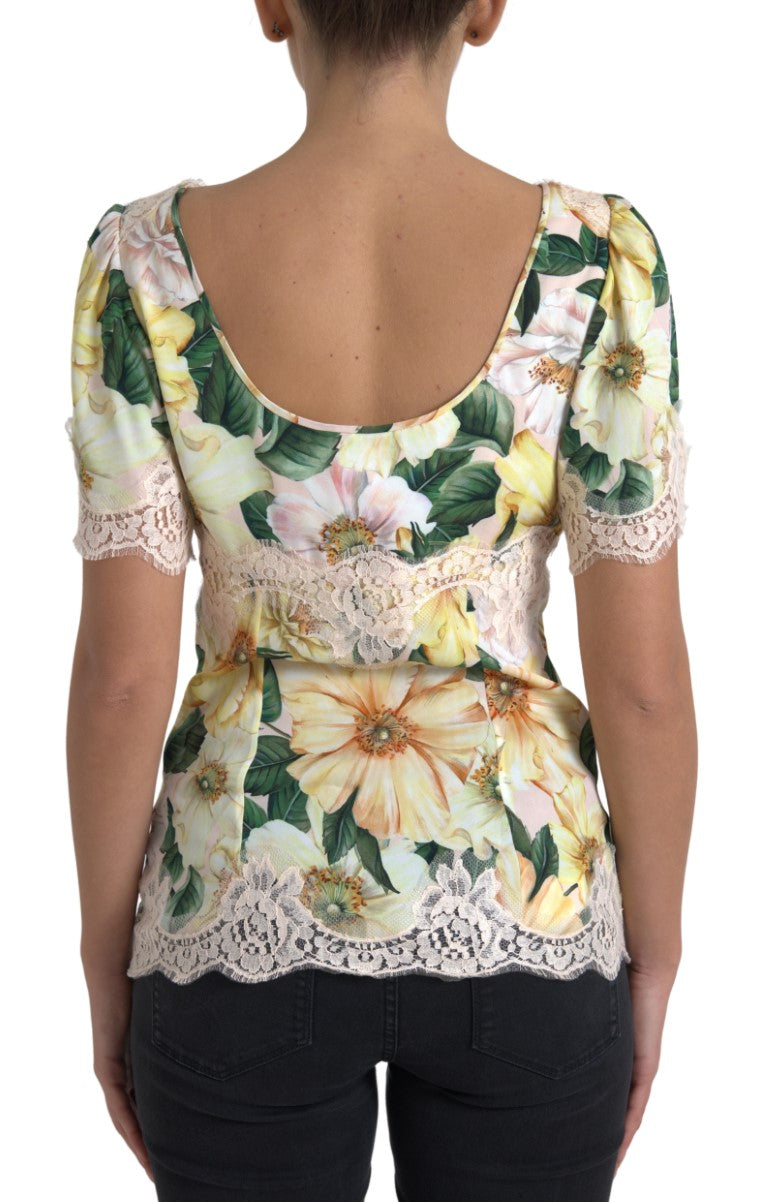 Blusa de encaje floral multicolor con cuello en V de Dolce &amp; Gabbana