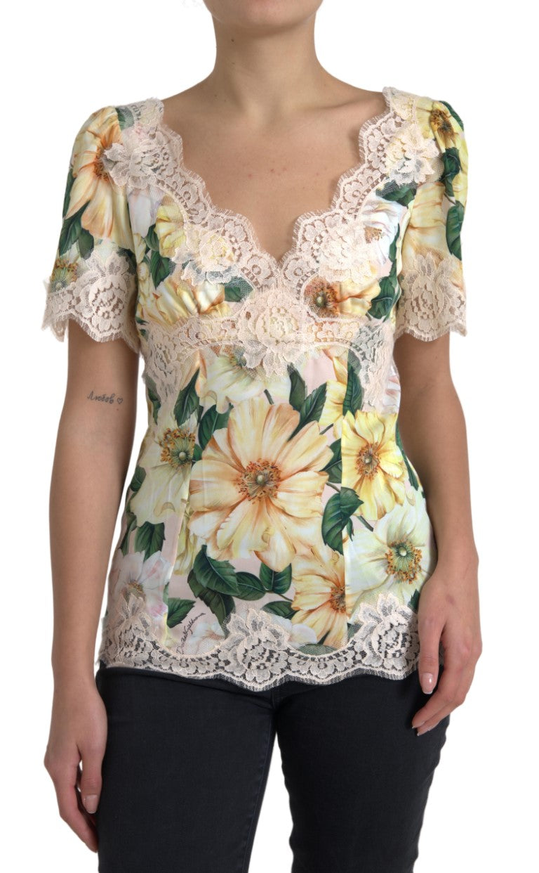 Blusa de encaje floral multicolor con cuello en V de Dolce &amp; Gabbana
