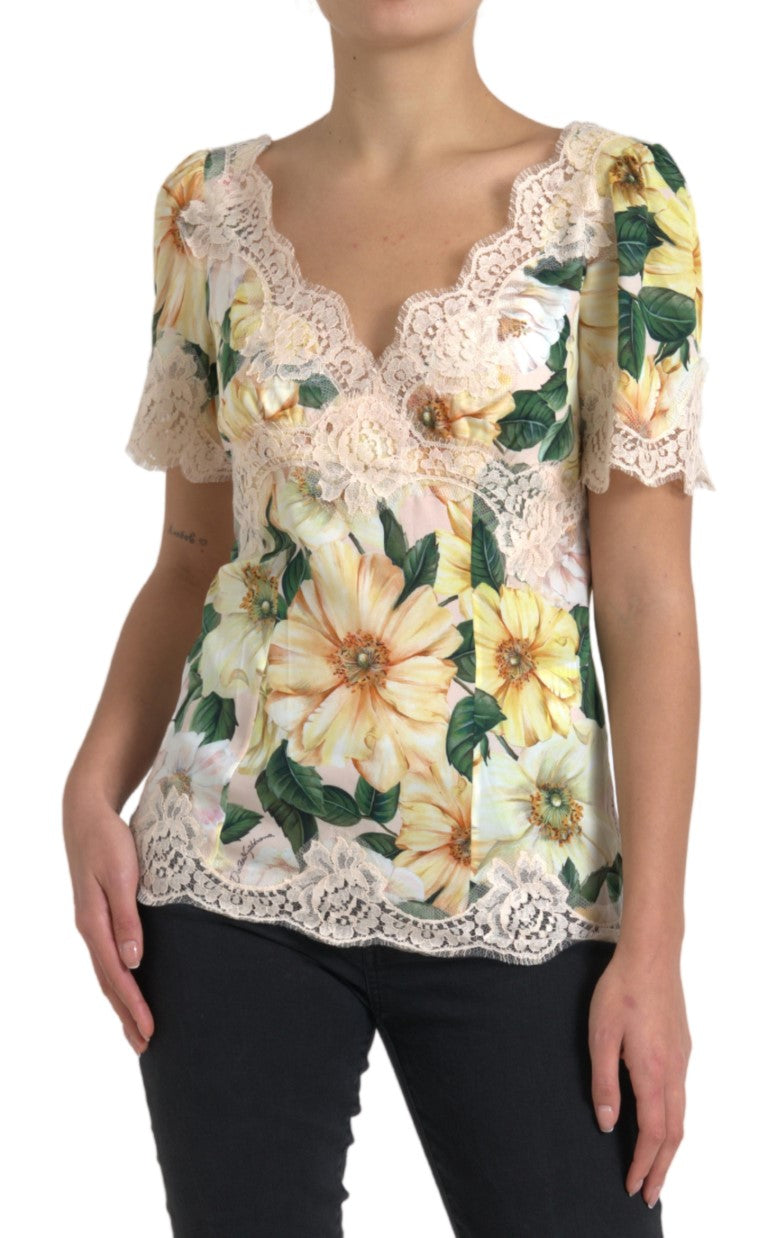Blusa de encaje floral multicolor con cuello en V de Dolce &amp; Gabbana