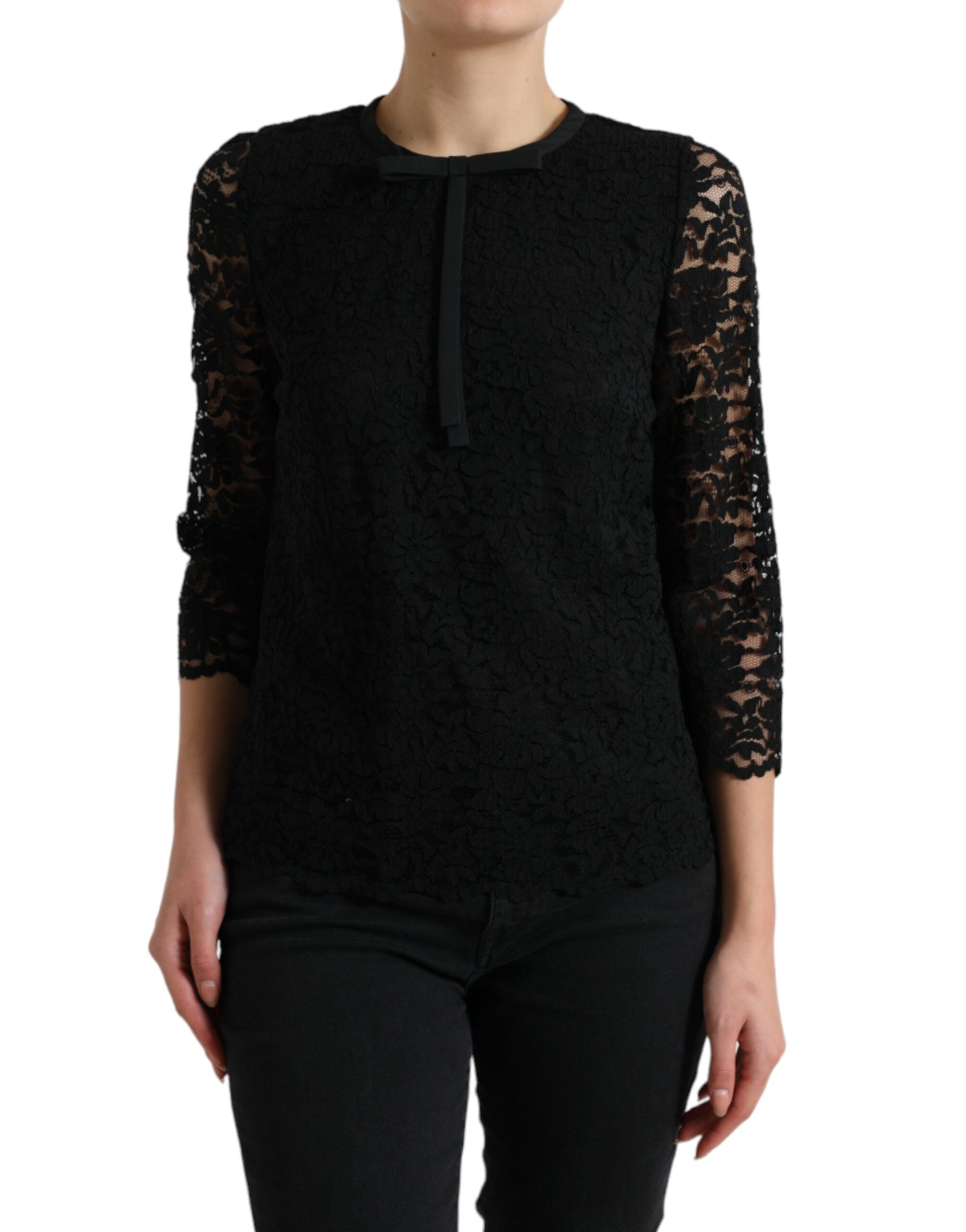 Blusa negra STAFF de Dolce &amp; Gabbana con encaje floral y parte superior de nailon