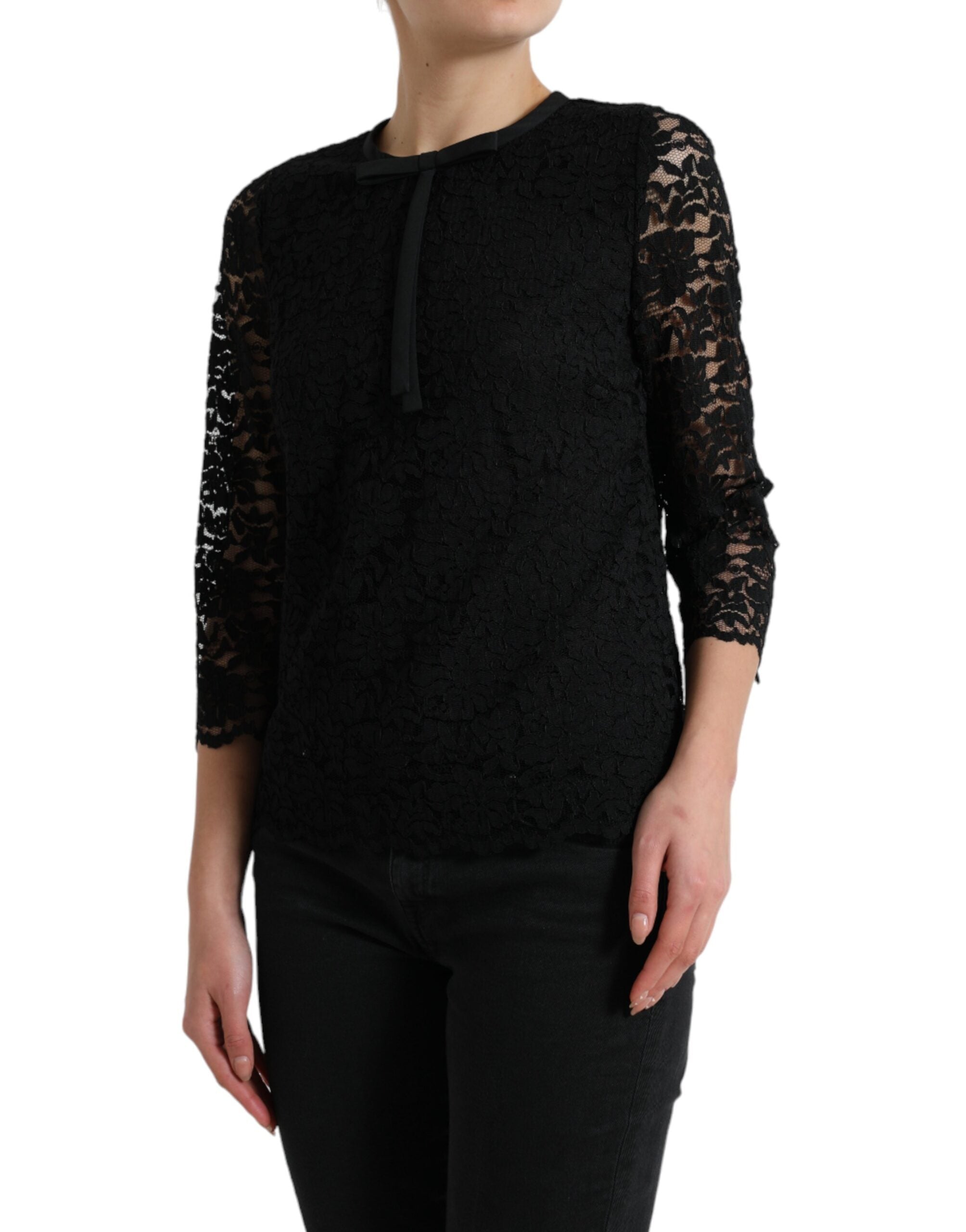 Blusa negra STAFF de Dolce &amp; Gabbana con encaje floral y parte superior de nailon