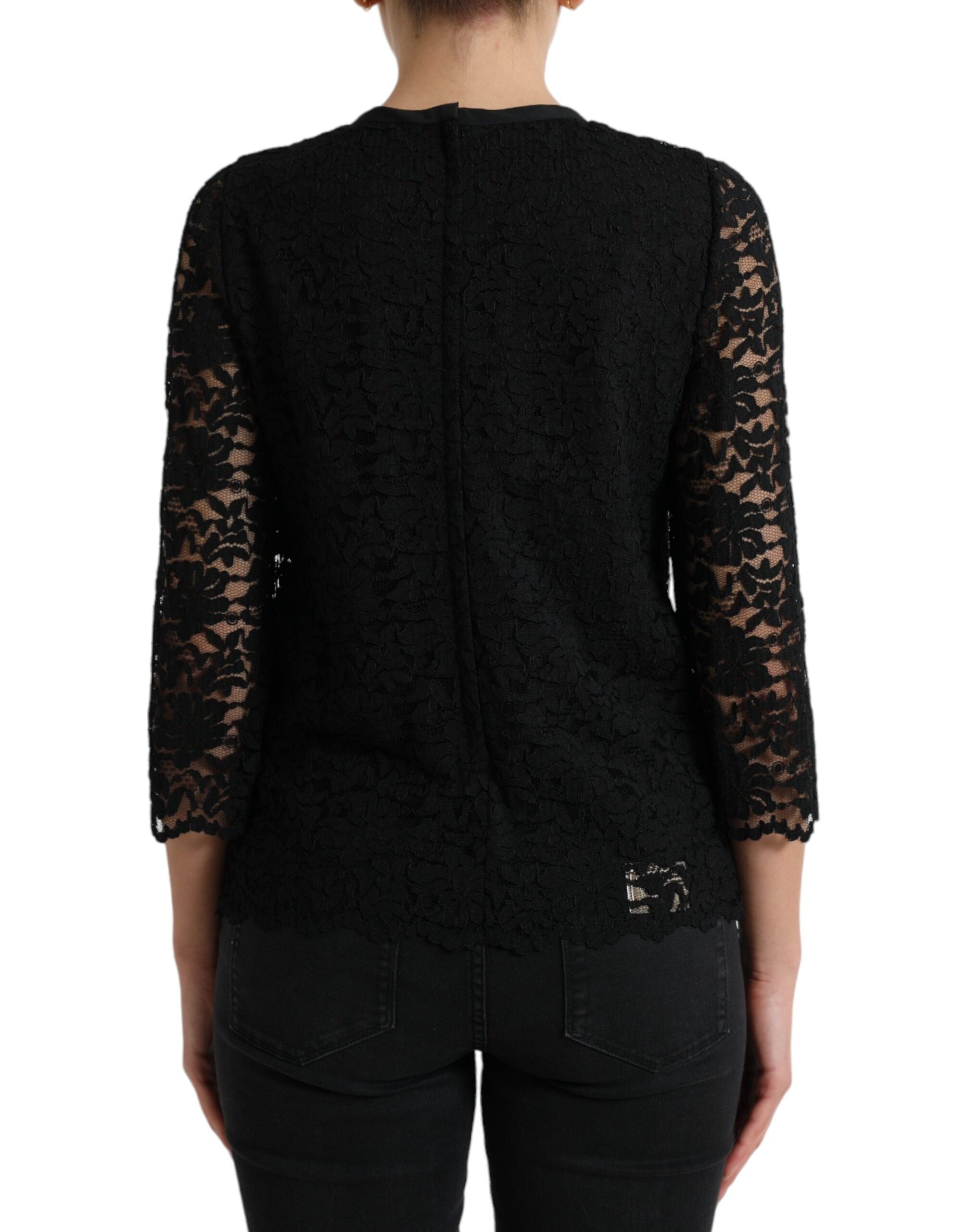 Blusa negra STAFF de Dolce &amp; Gabbana con encaje floral y parte superior de nailon