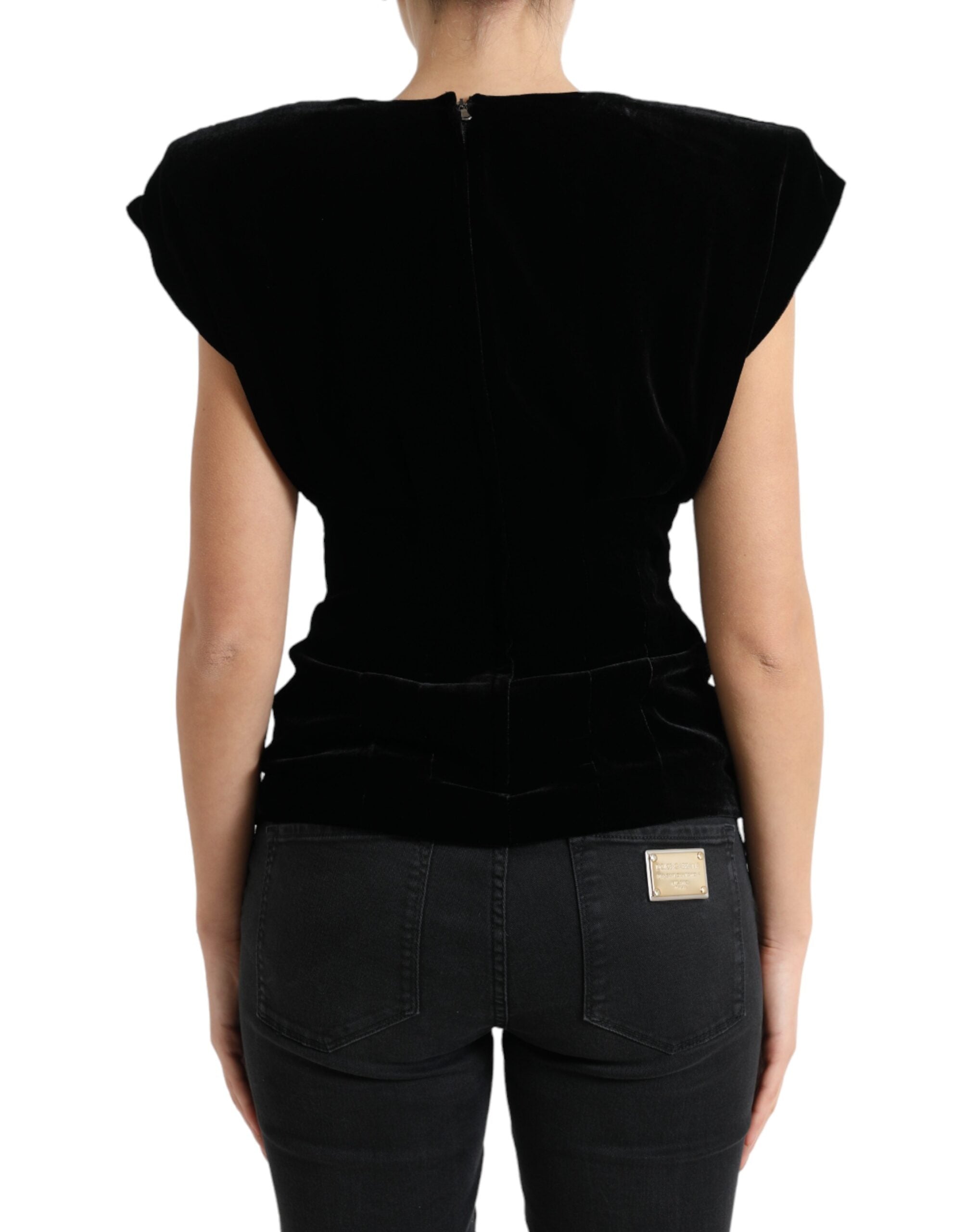 Blusa ajustada de terciopelo negro con hombros acolchados de Dolce &amp; Gabbana