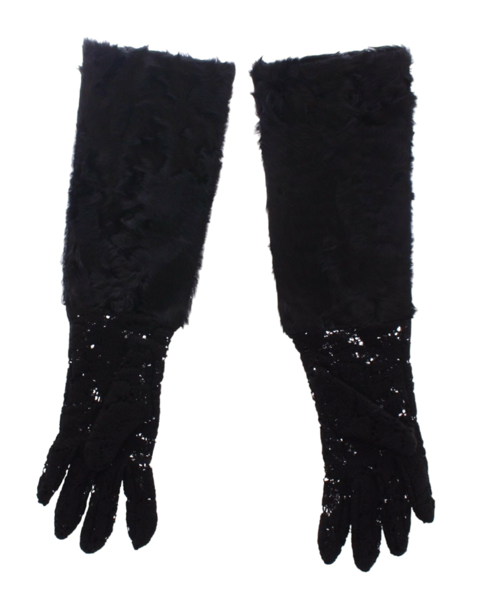 Guantes de codo de piel de cordero y lana con encaje negro de Dolce &amp; Gabbana