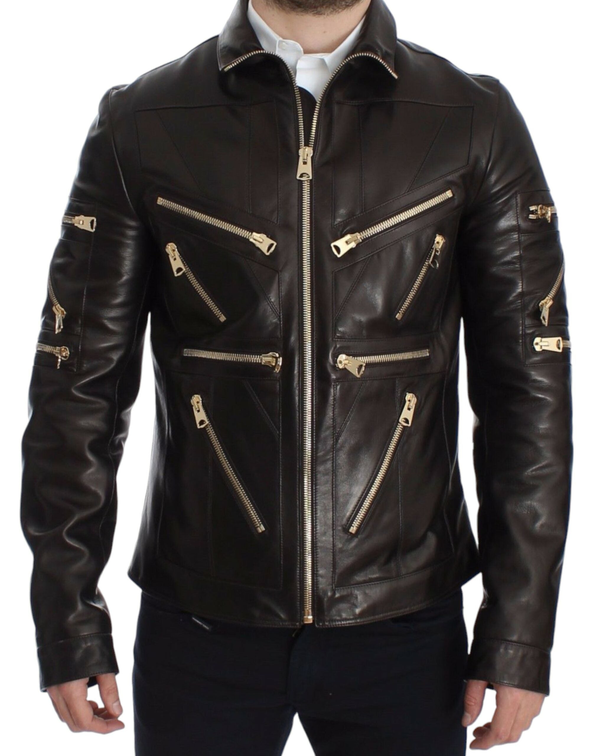 Chaqueta con cremallera de piel de cordero marrón de Dolce &amp; Gabbana