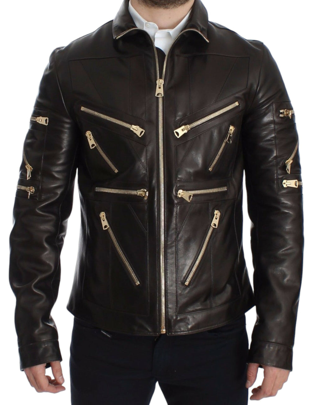 Chaqueta con cremallera de piel de cordero marrón de Dolce &amp; Gabbana