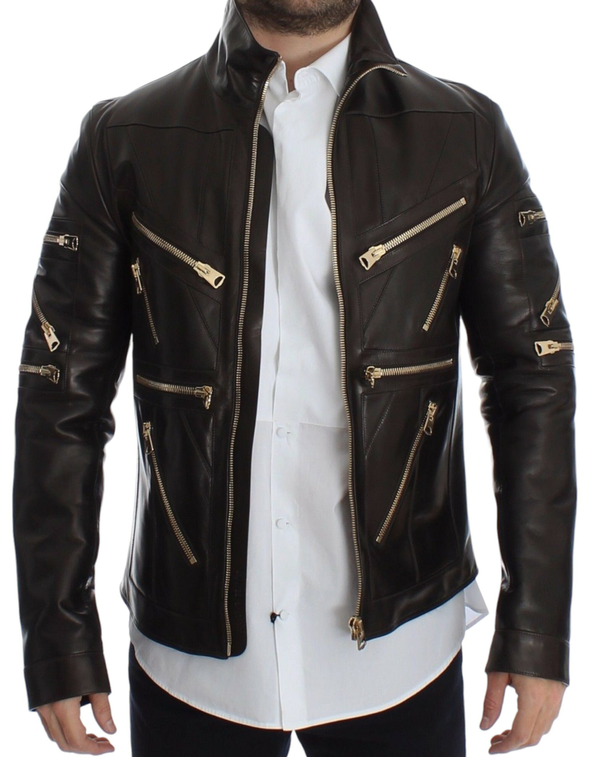 Chaqueta con cremallera de piel de cordero marrón de Dolce &amp; Gabbana