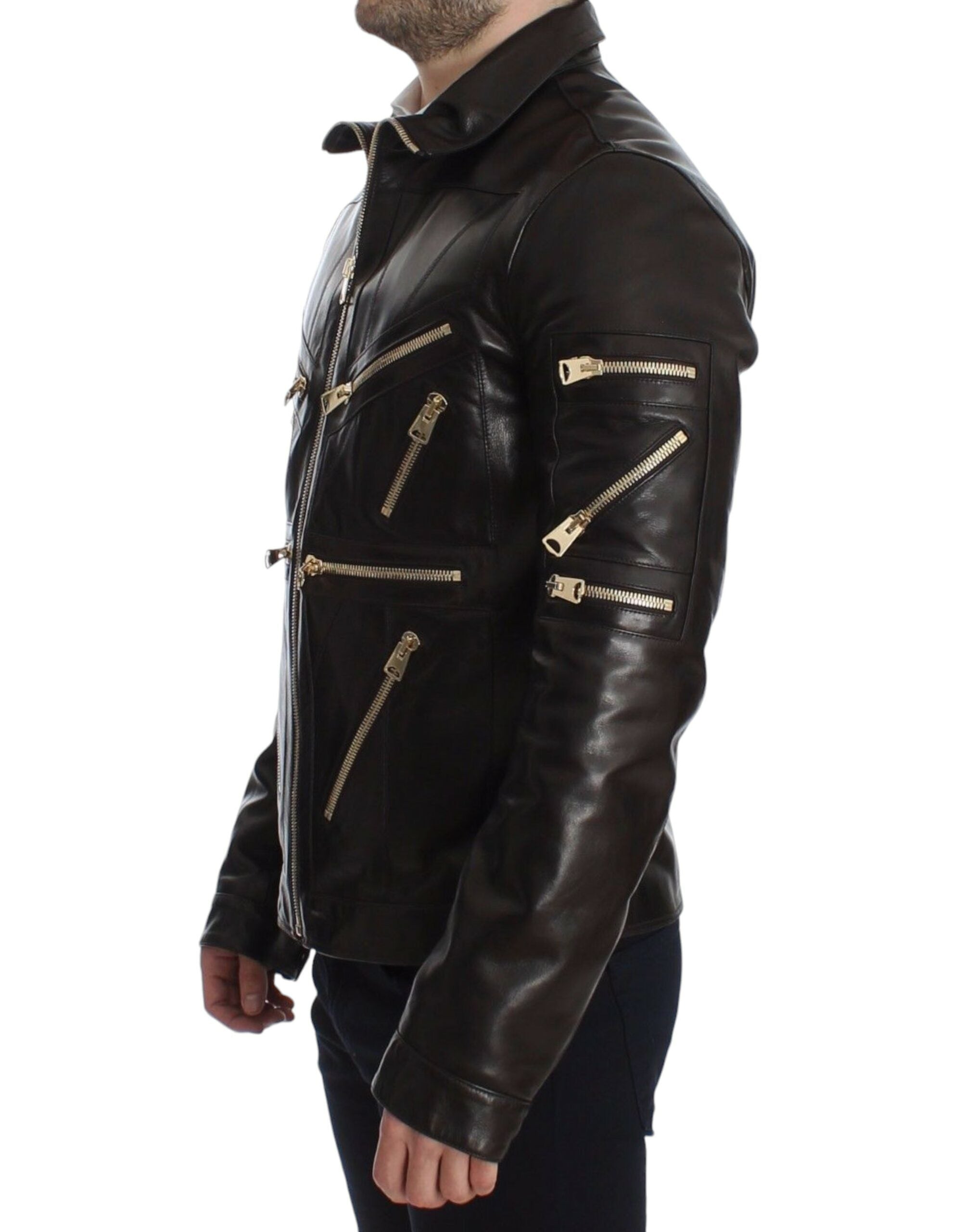 Chaqueta con cremallera de piel de cordero marrón de Dolce &amp; Gabbana