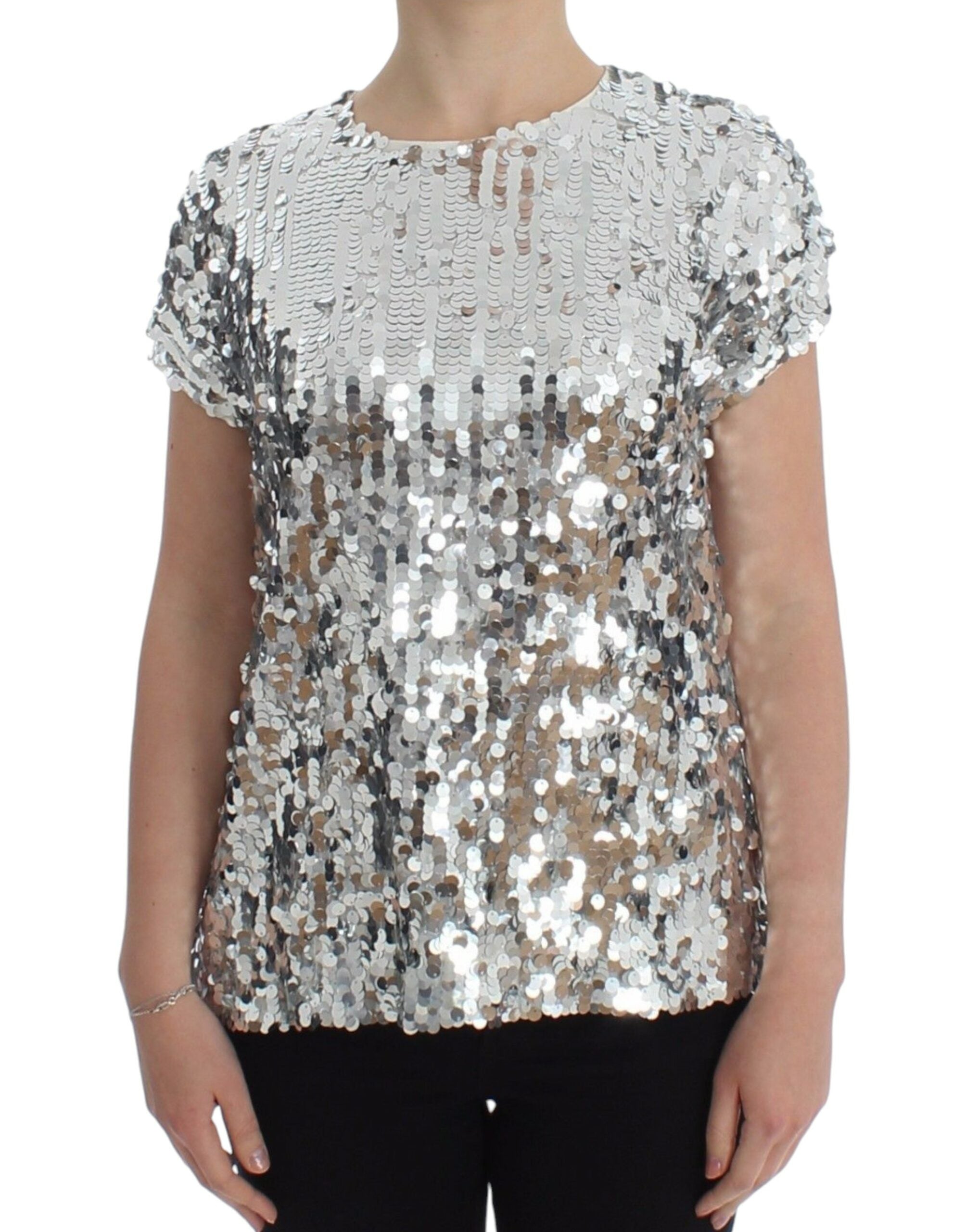 Blusa de cuello redondo con lentejuelas plateadas de Dolce &amp; Gabbana