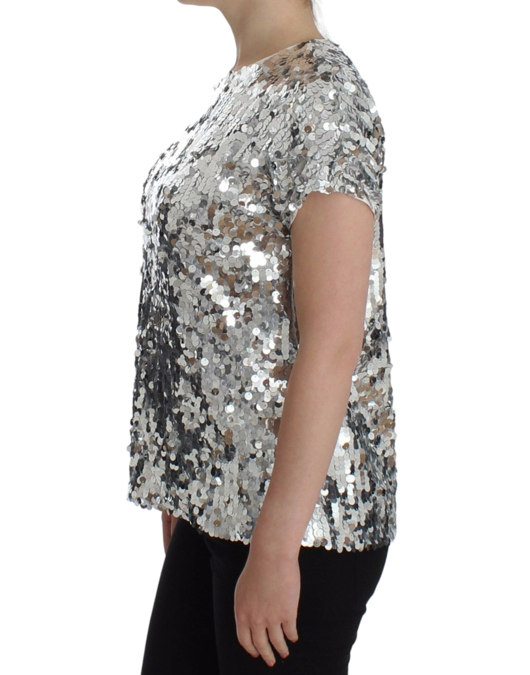Blusa de cuello redondo con lentejuelas plateadas de Dolce &amp; Gabbana