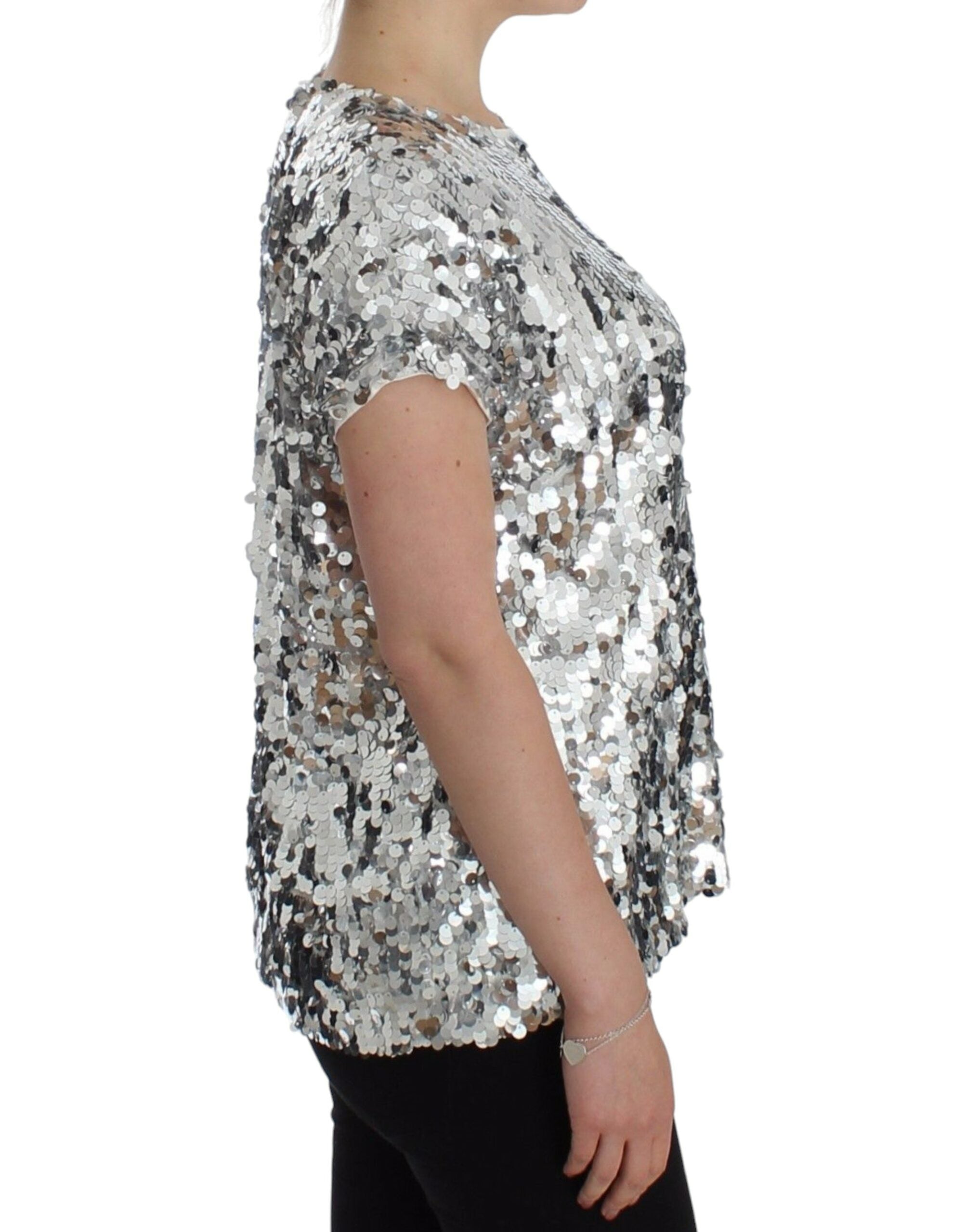 Blusa de cuello redondo con lentejuelas plateadas de Dolce &amp; Gabbana