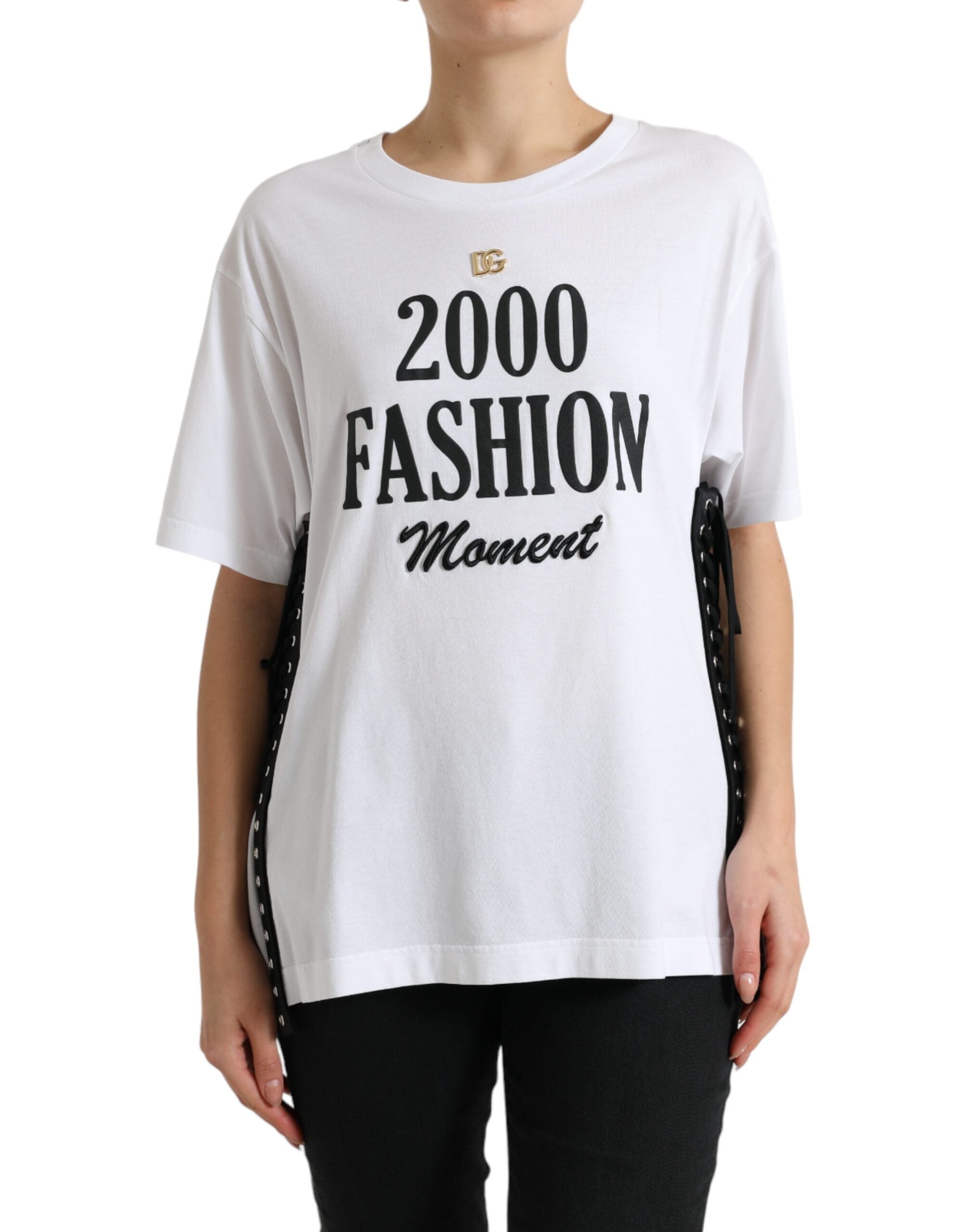 Camiseta blanca con detalle de cordones y estampado de eslogan de Dolce &amp; Gabbana