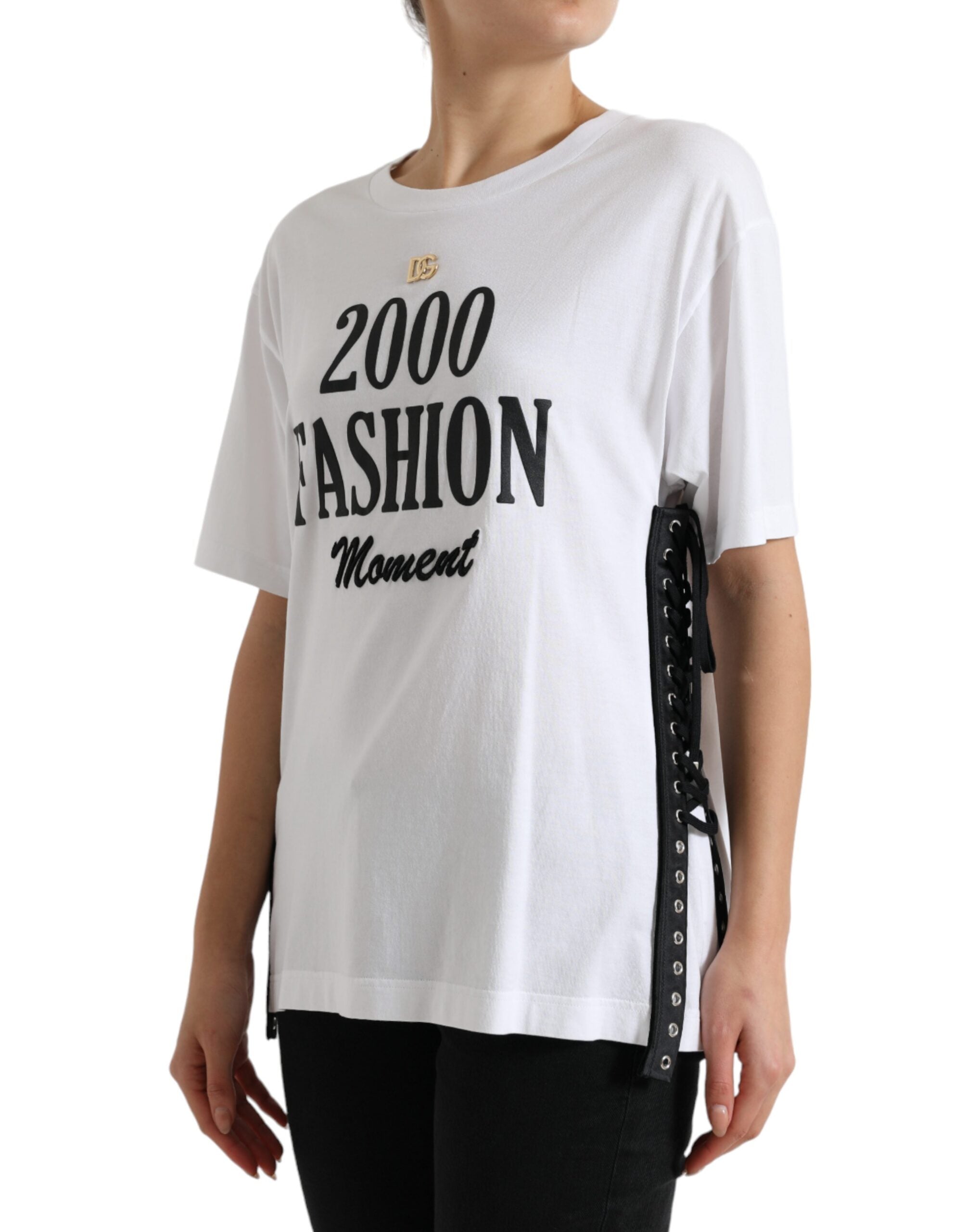 Camiseta blanca con detalle de cordones y estampado de eslogan de Dolce &amp; Gabbana