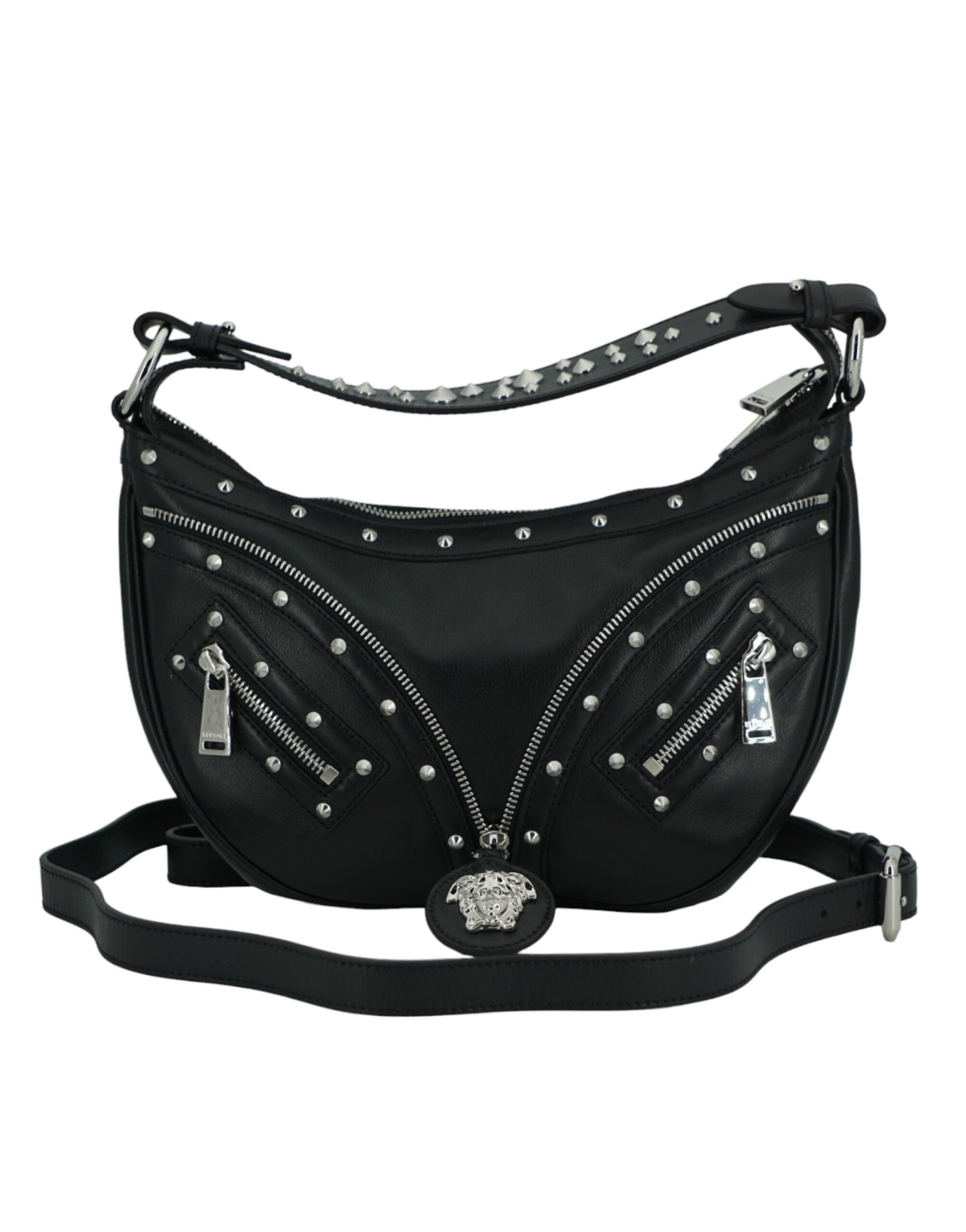 Elegante bolso de hombro tipo hobo de piel negra de Versace