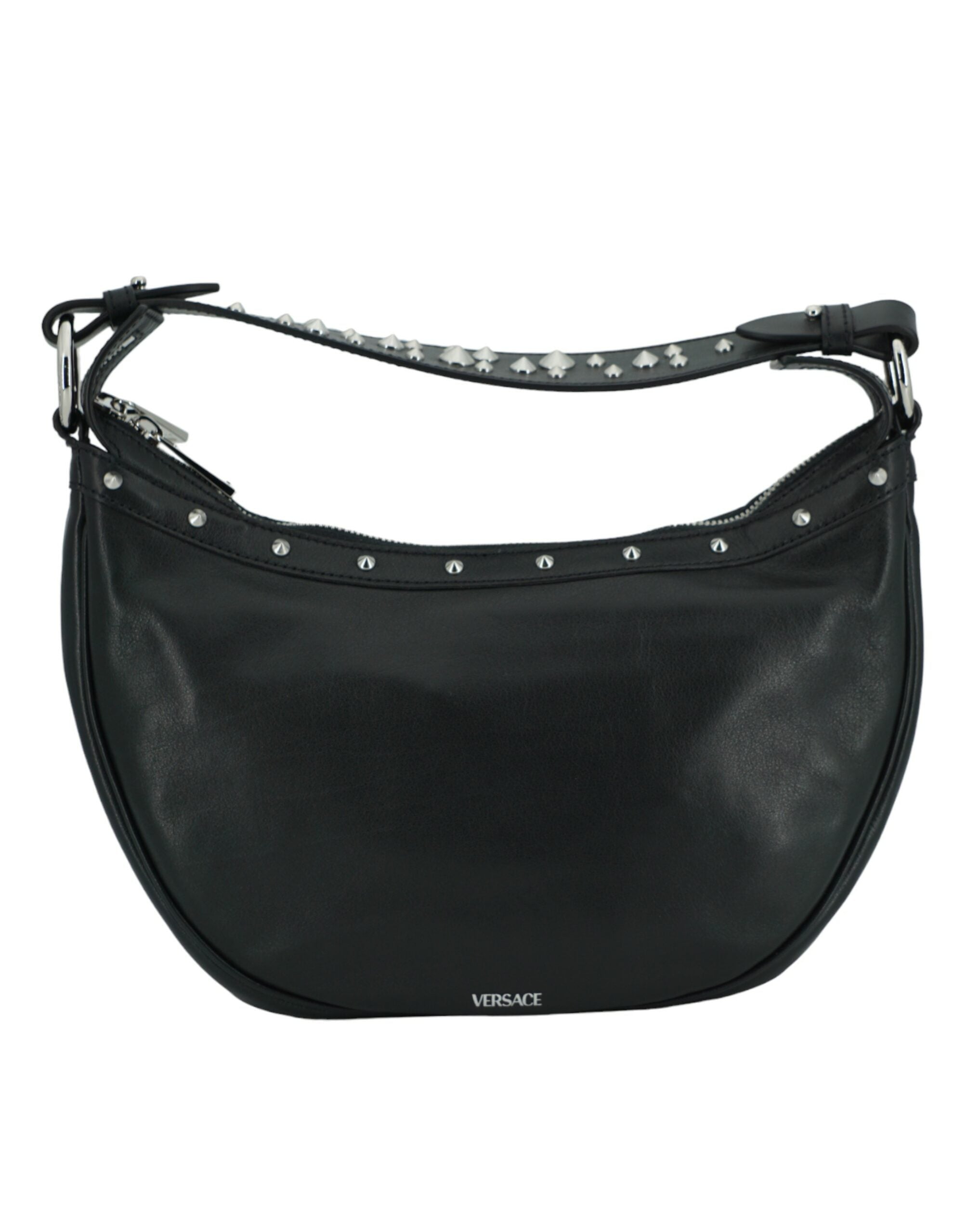 Elegante bolso de hombro tipo hobo de piel negra de Versace