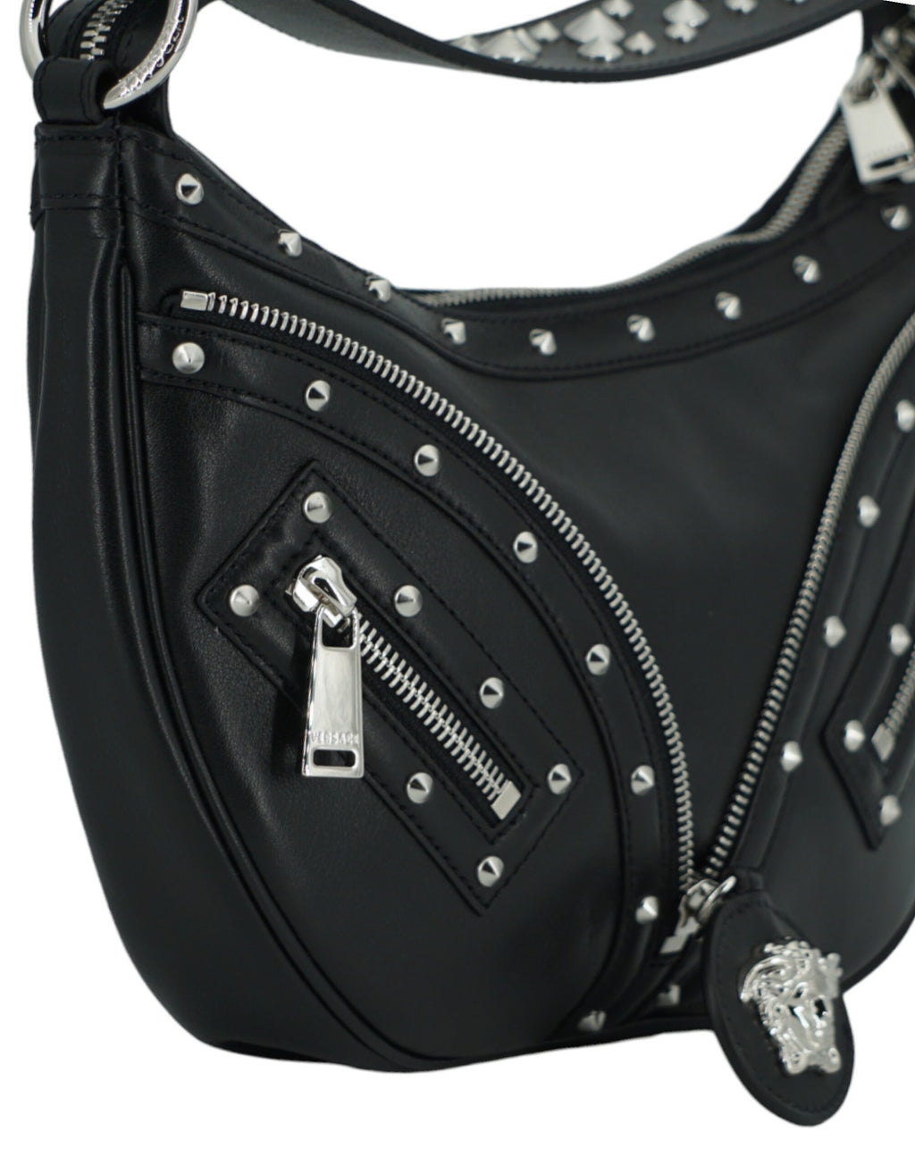 Elegante bolso de hombro tipo hobo de piel negra de Versace